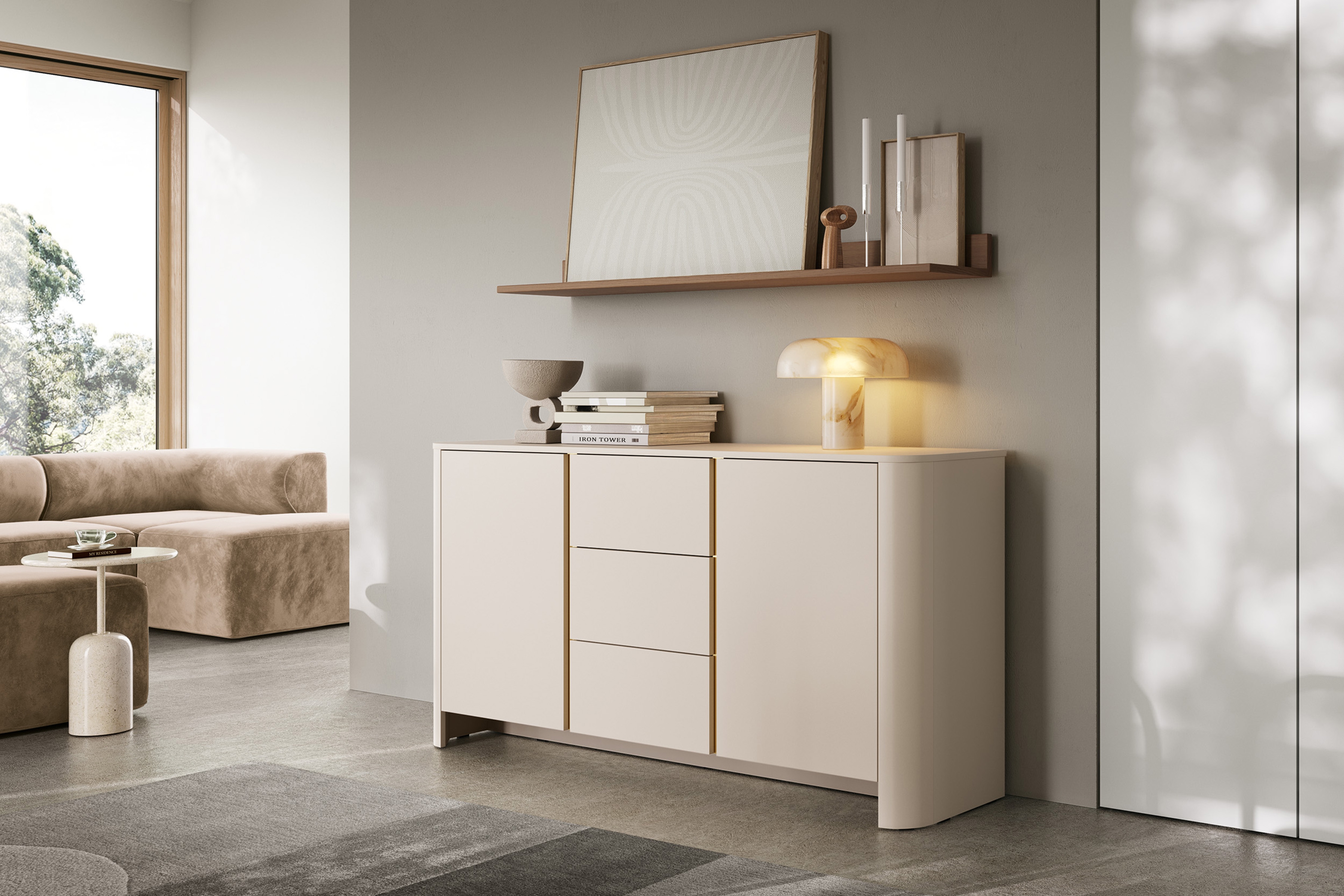 Komoda Sorrenti 168 cm - kašmírová / zlatá Komoda Sorrenti 168 cm so zásuvkami - kašmír / zlaté