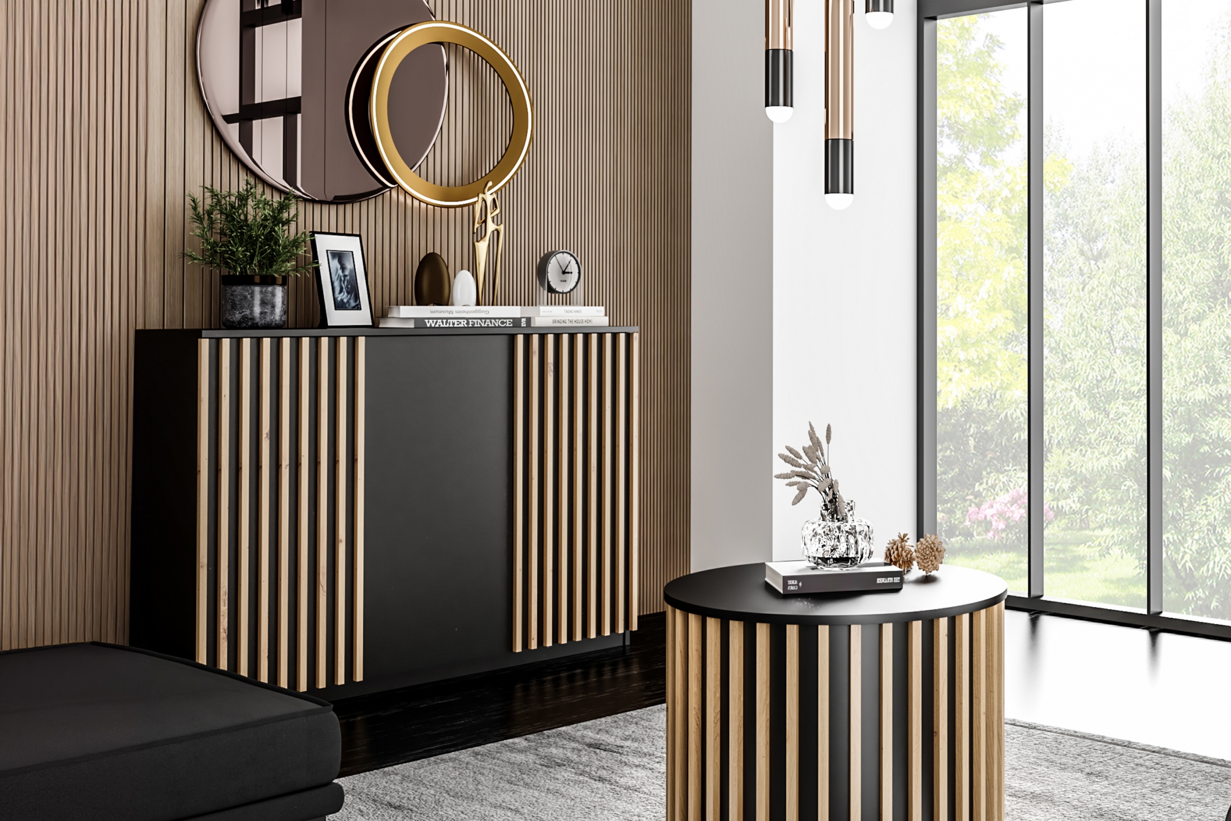 Komoda trojdverová s lamelami Latte 140 LE -3D - artisan/Čierny Komoda trojdverová Latte z lamelami 140 cm - Dub artisan / Čierny