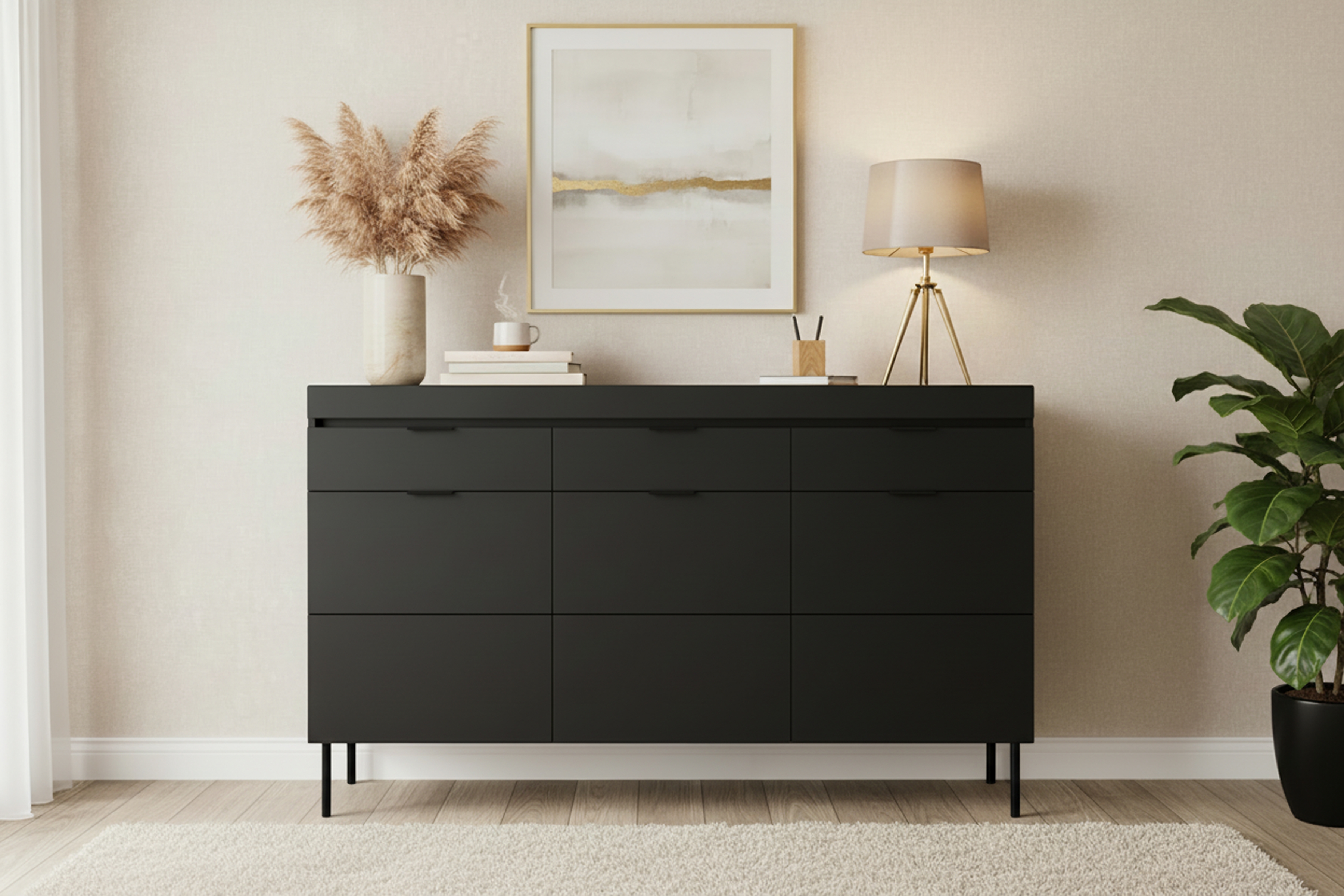 Komoda Sentia 157 cm se zásuvkami - černá / černá Komoda třídveřová Sentia 157 se třemi  zásuvkami - černá / černá 