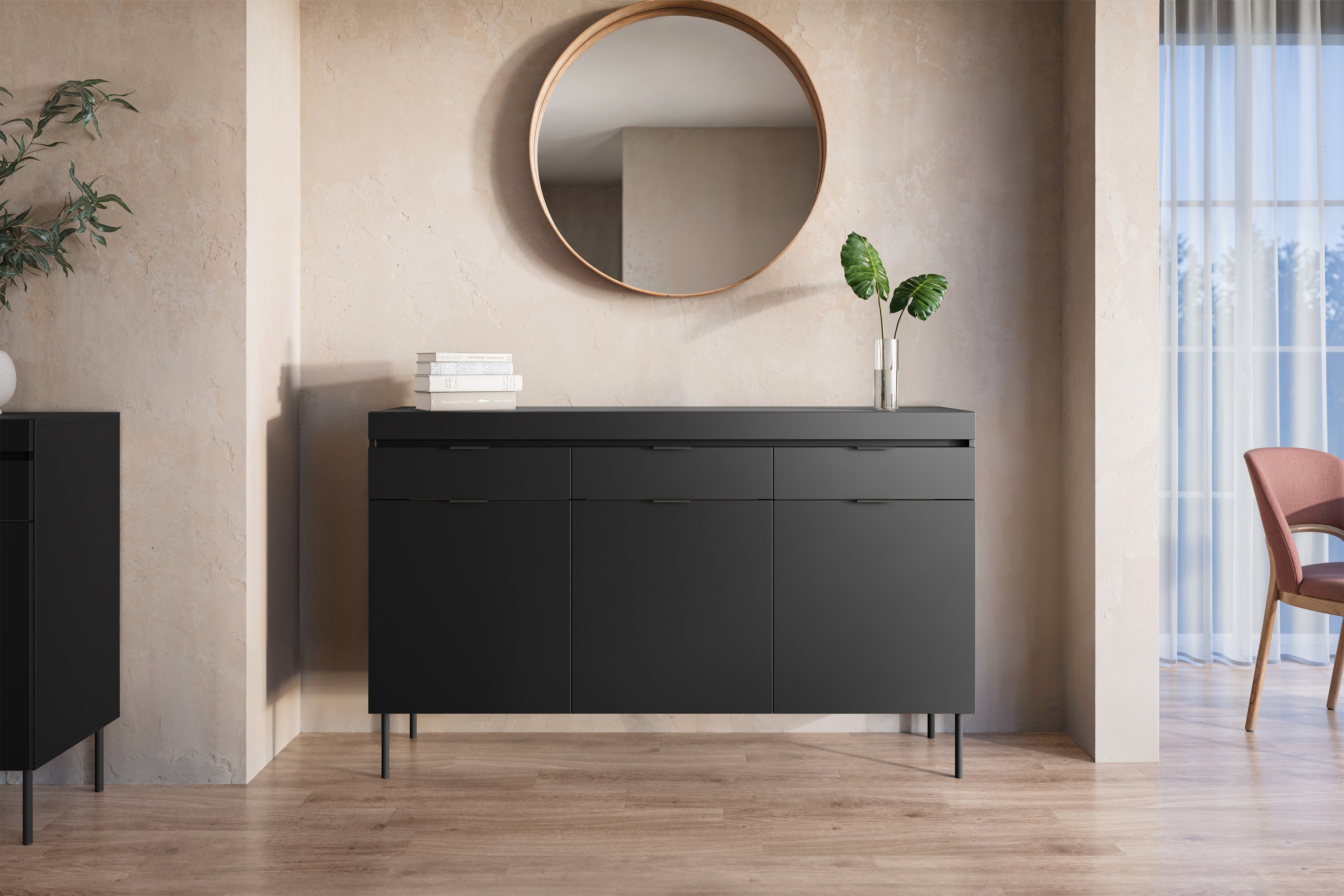 Komoda Sentia 157 cm s 3 zásuvkami - čierna / čierna Komoda trojdverová Sentia 157 s tromi zásuvkami - Čierny / Čierny 