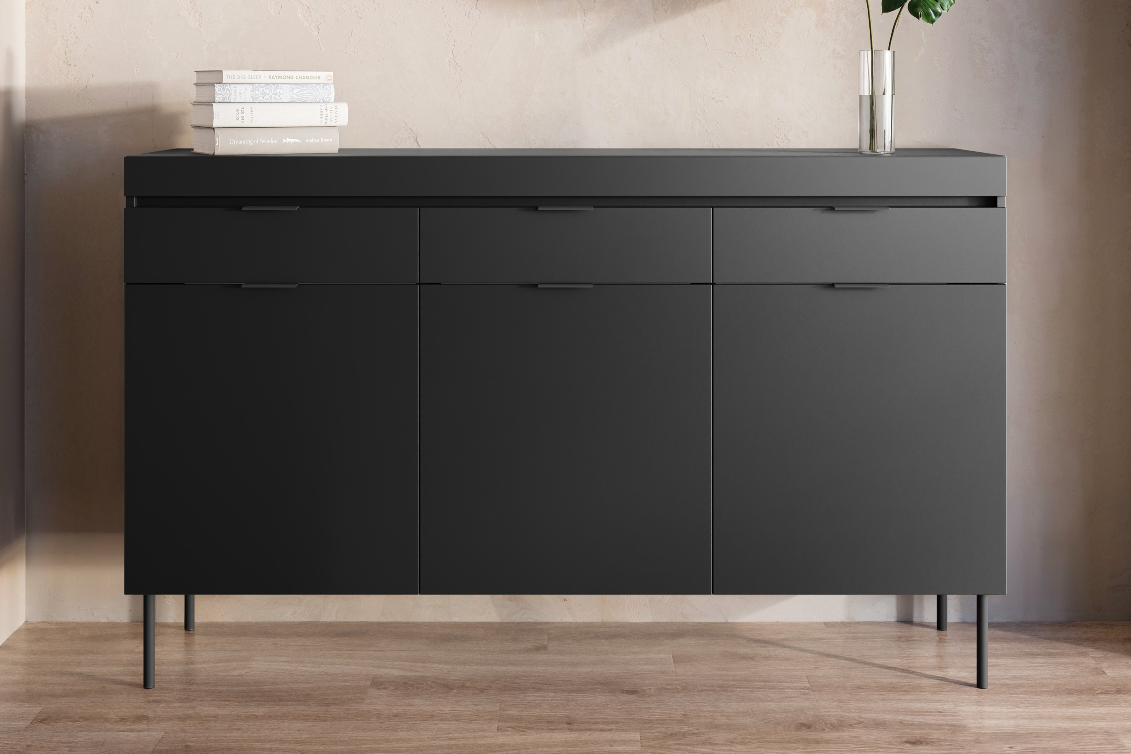 Komoda Sentia 157 cm s 3 zásuvkami - čierna / čierna Komoda trojdverová Sentia 157 s tromi zásuvkami - Čierny / Čierny 