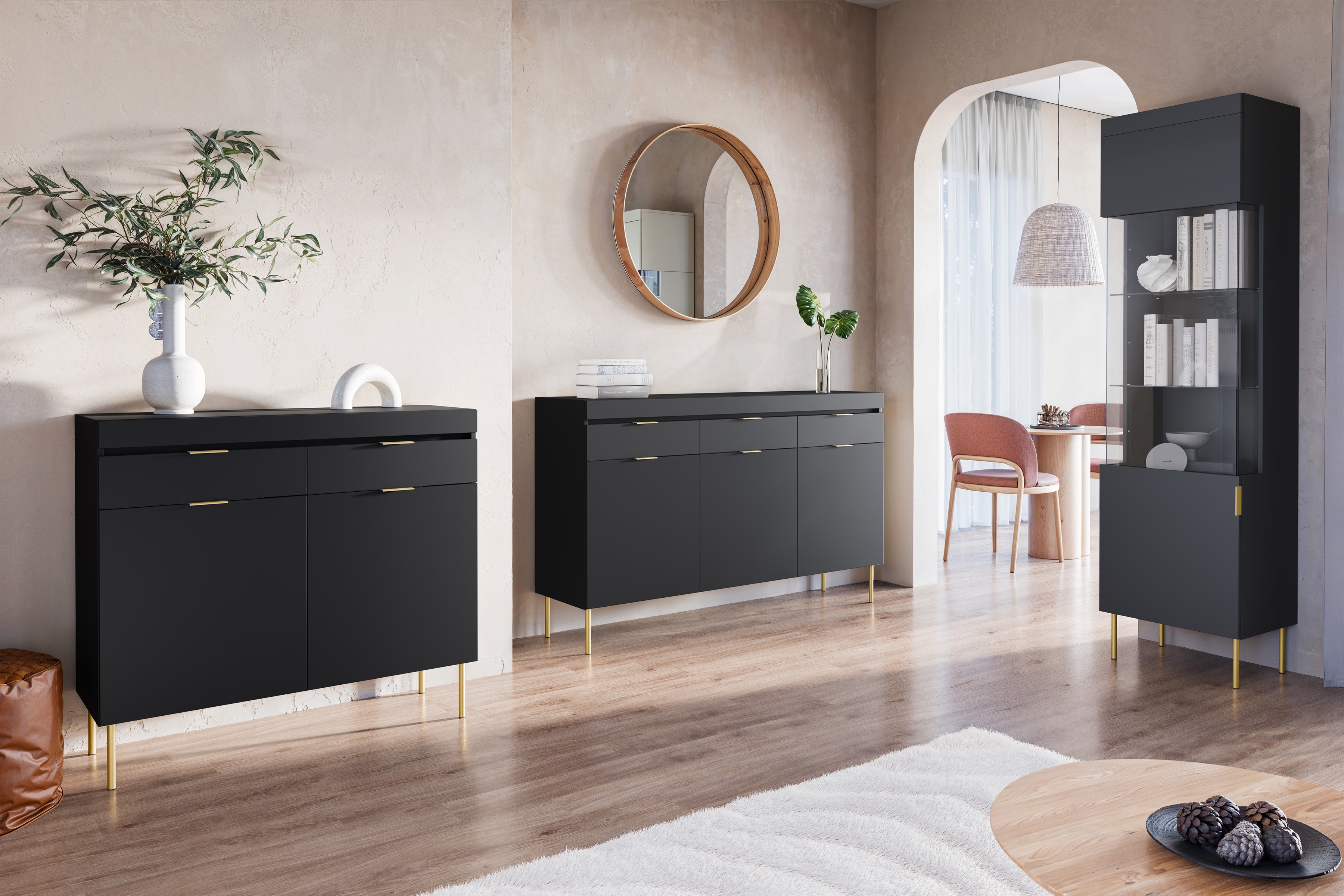 Komoda Sentia 157 cm s 3 zásuvkami - čierna / zlatá Komoda trojdverová Sentia 157 s tromi zásuvkami - Čierny / zlaté 