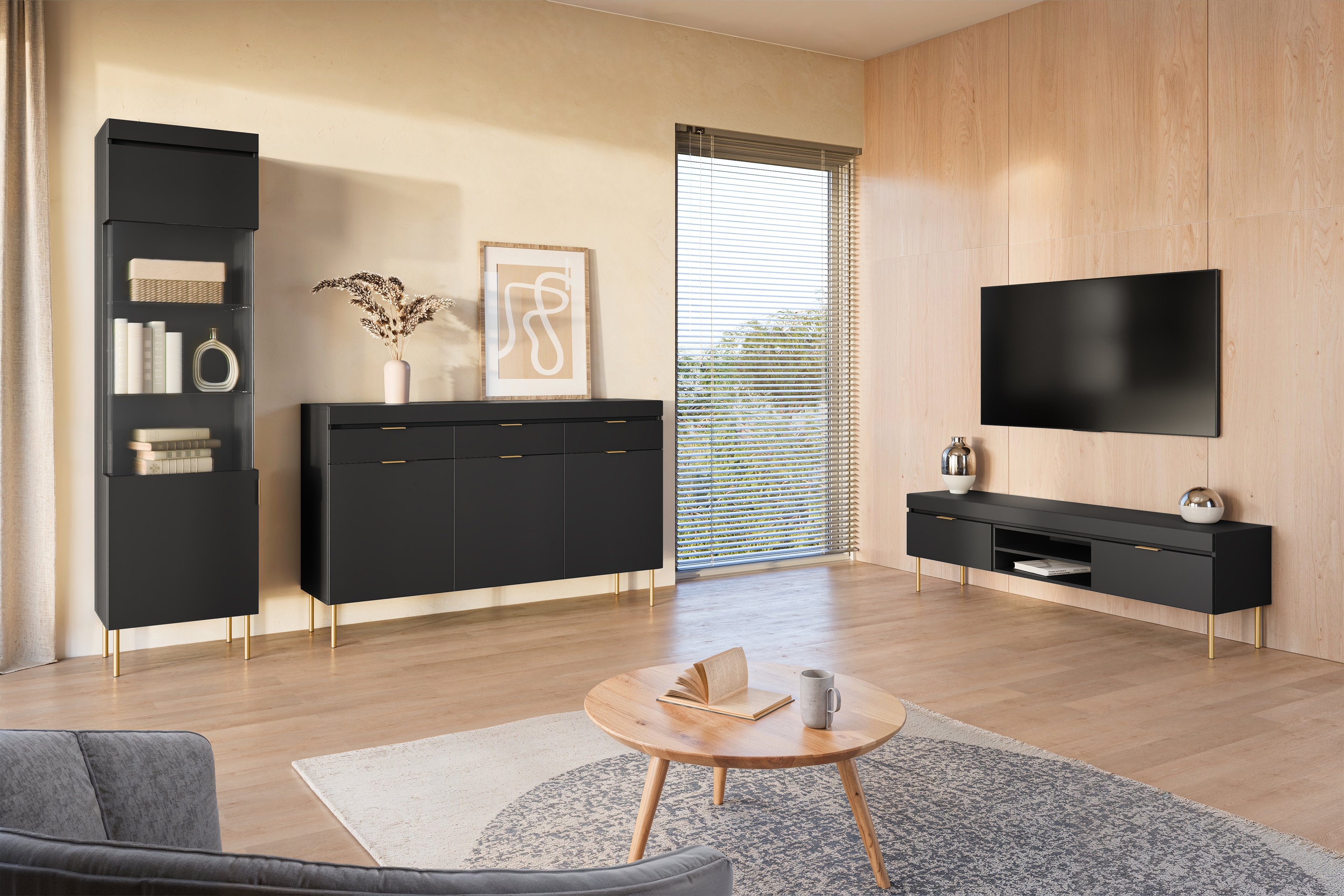 Komoda Sentia 157 cm s 3 zásuvkami - čierna / zlatá Komoda trojdverová Sentia 157 s tromi zásuvkami - Čierny / zlaté 