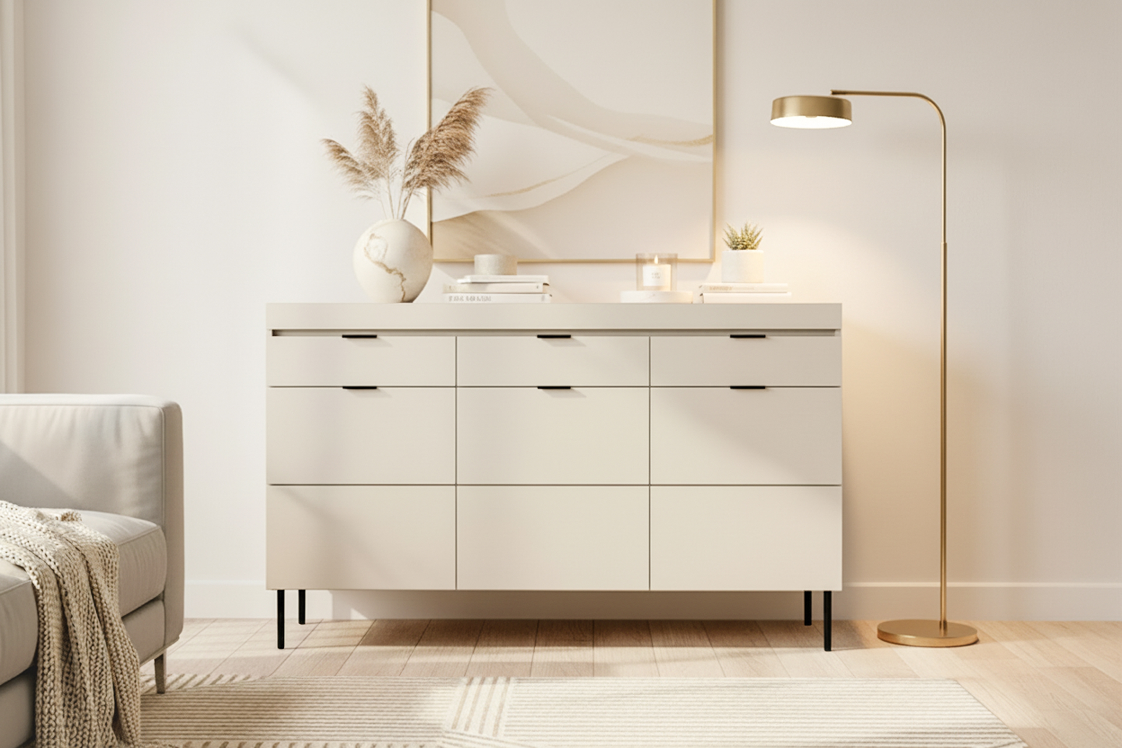 Komoda Sentia 157 cm s 3 zásuvkami - kašmírová / čierna Komoda trojdverová Sentia 157 s tromi zásuvkami - kašmír / Čierny 