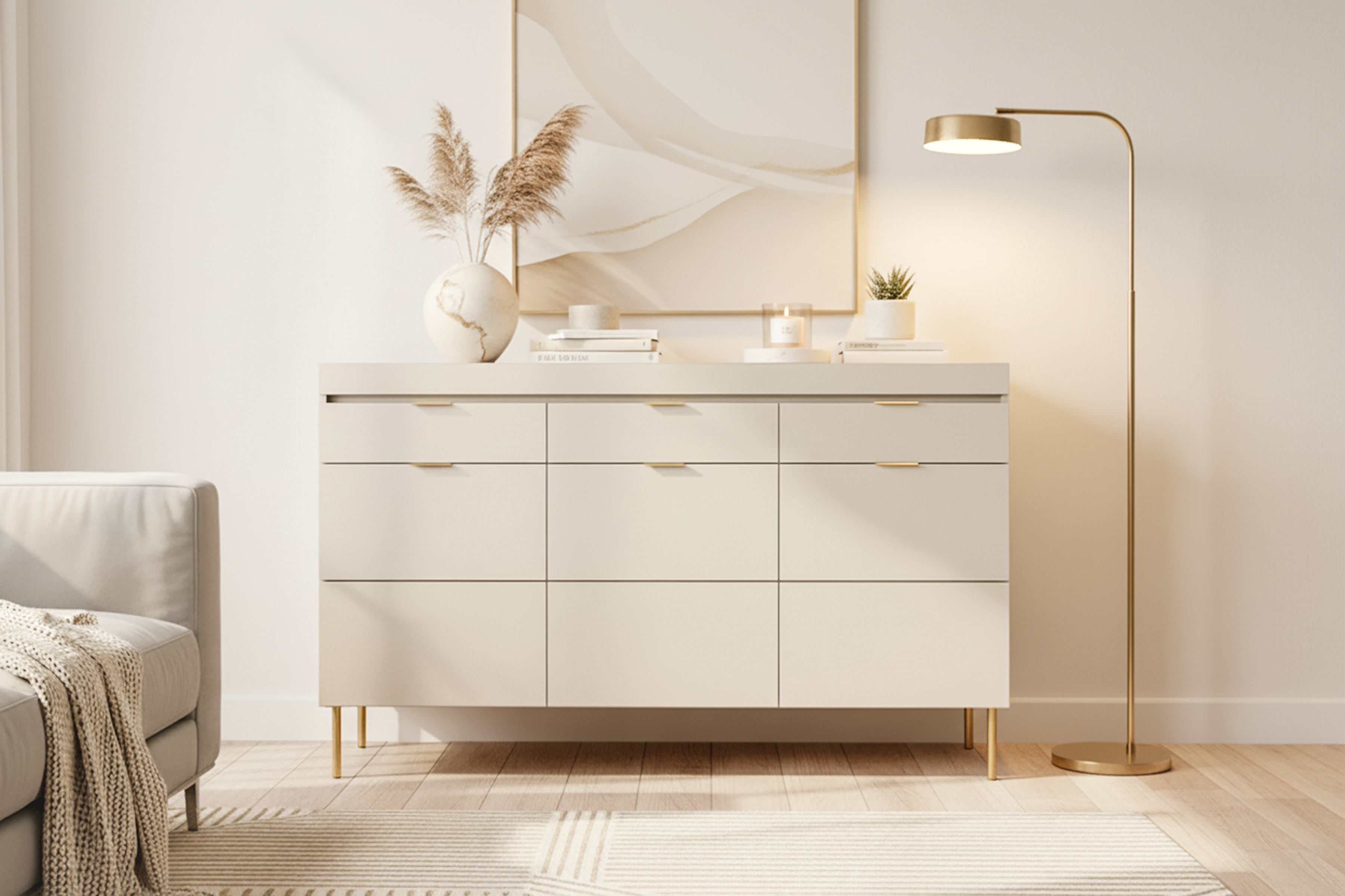 Komoda Sentia 157 cm se zásuvkami - kašmírová / zlatá Komoda třídveřová Sentia 157 se třemi  zásuvkami - kašmír / zlatá 