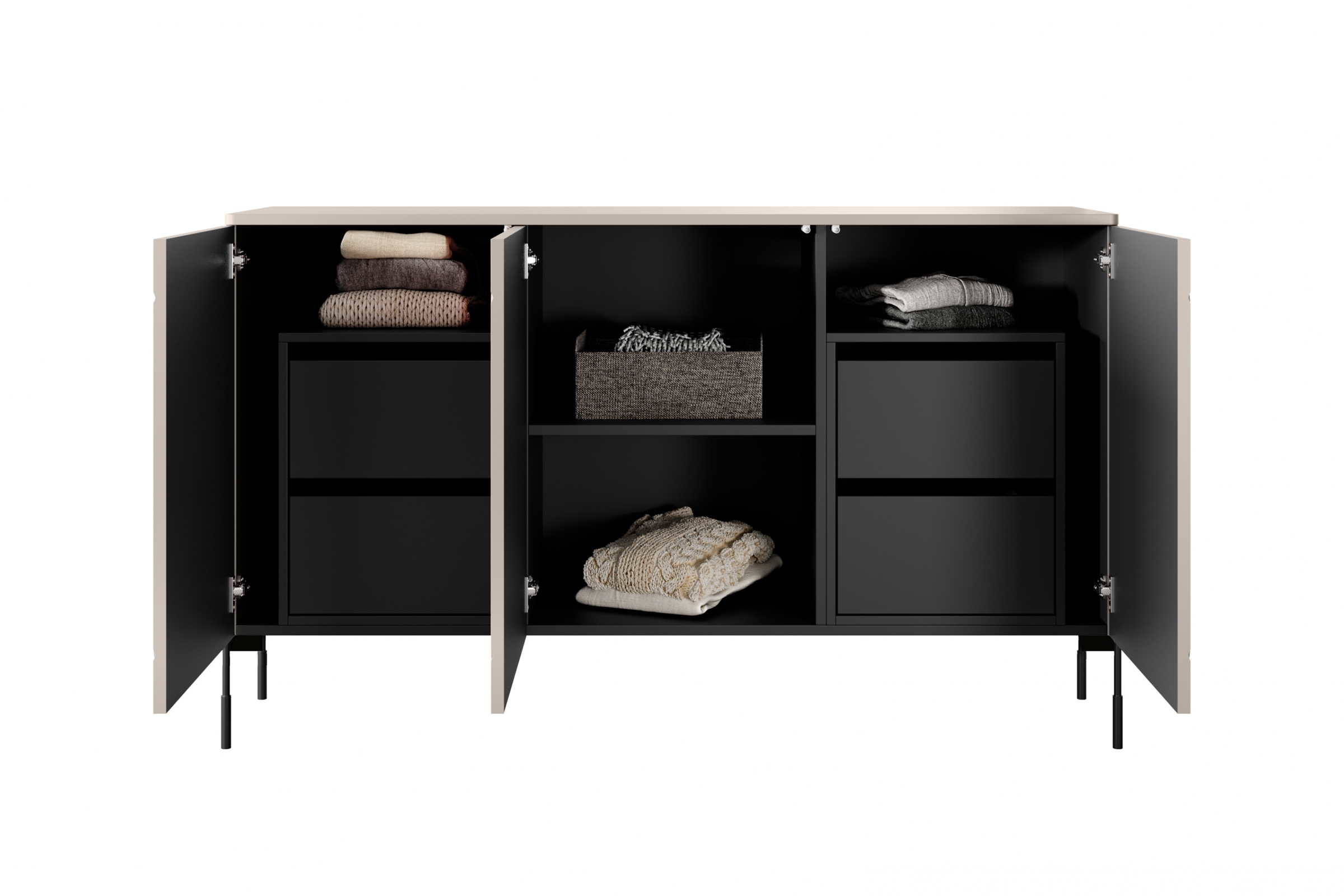 Komoda Sonatia 150 cm s 2 ukrytými zásuvkami - kašmírová Komoda trojdverová z czterema ukrytymi zásuvkami Sonatia 150 cm - kašmír