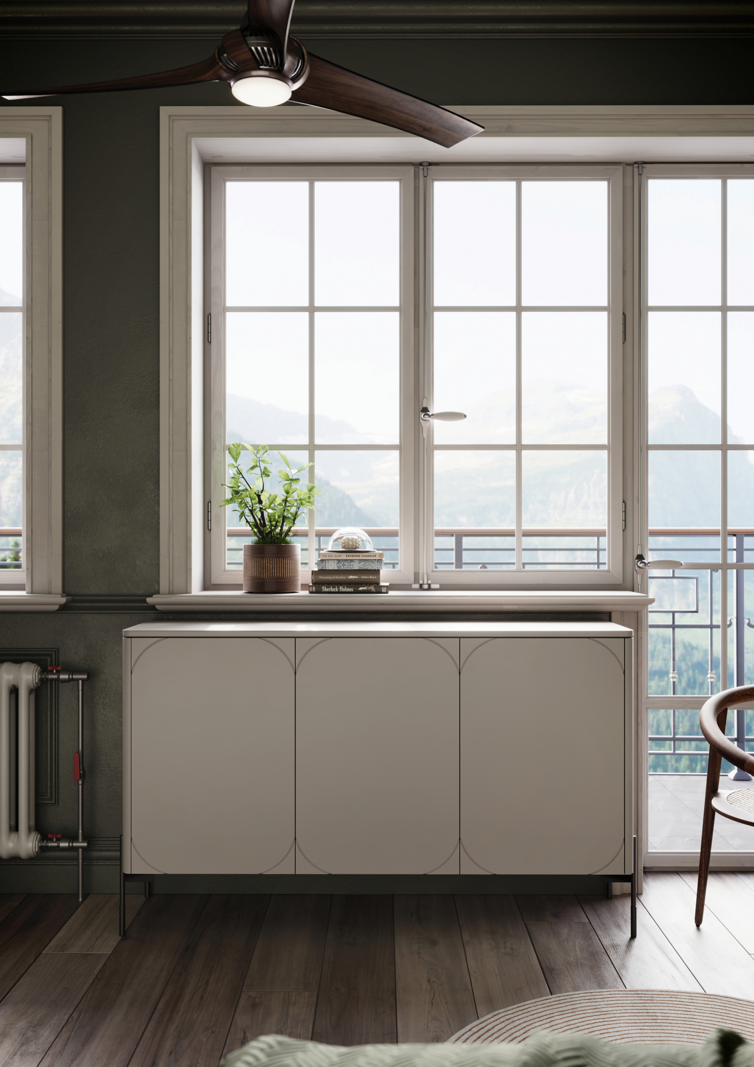 Komoda Sonatia 150 cm s 2 ukrytými zásuvkami - kašmírová Komoda trojdverová z czterema ukrytymi zásuvkami Sonatia 150 cm - kašmír