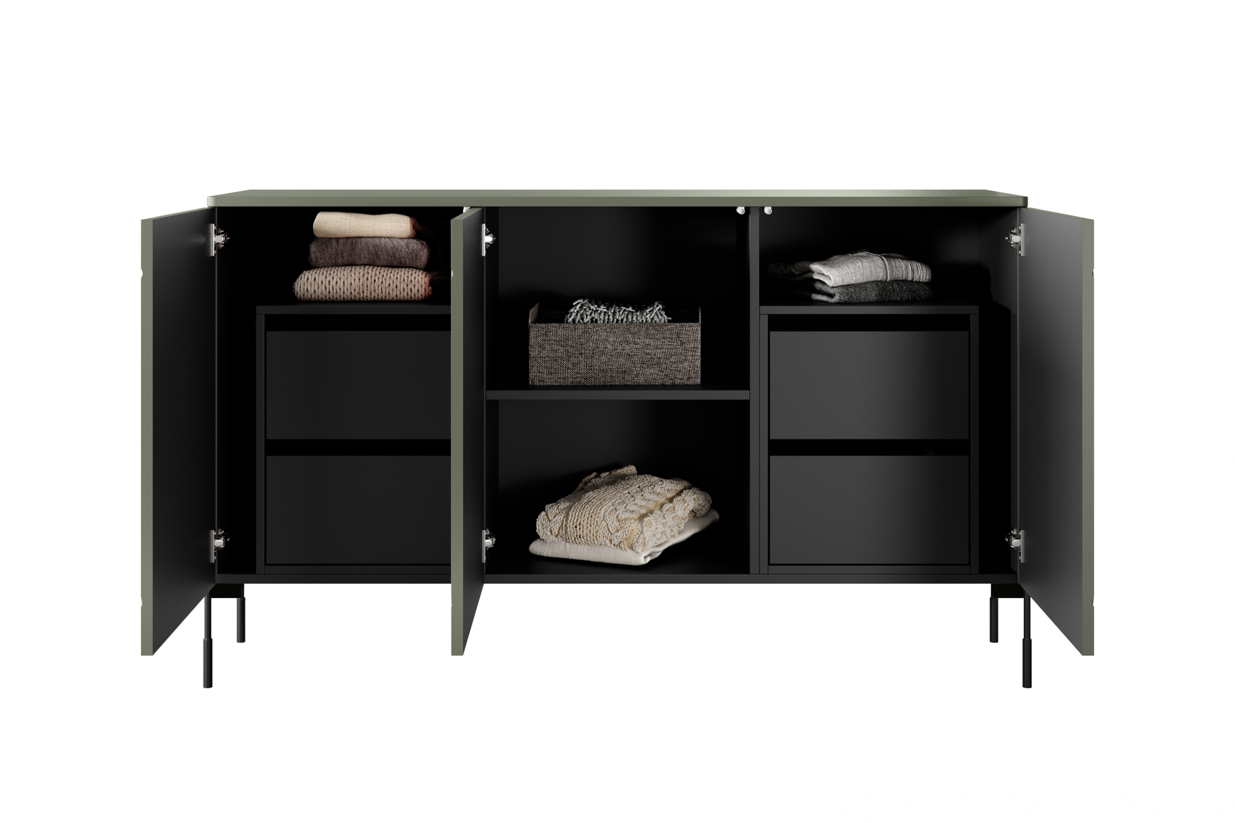 Komoda Sonatia 150 cm se čtyřmi skrytými zásuvkami - olivová prostorná Komoda