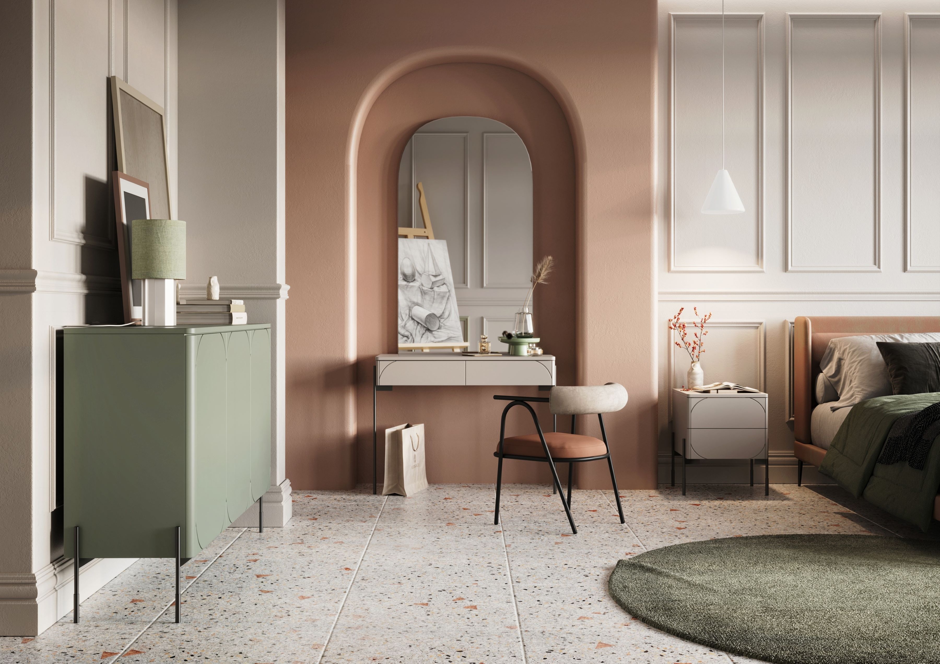 Komoda Sonatia 150 cm se čtyřmi skrytými zásuvkami - olivová Komoda třídveřová se čtyřmi ukrytymi zásuvkami Sonatia 150 cm - olivová