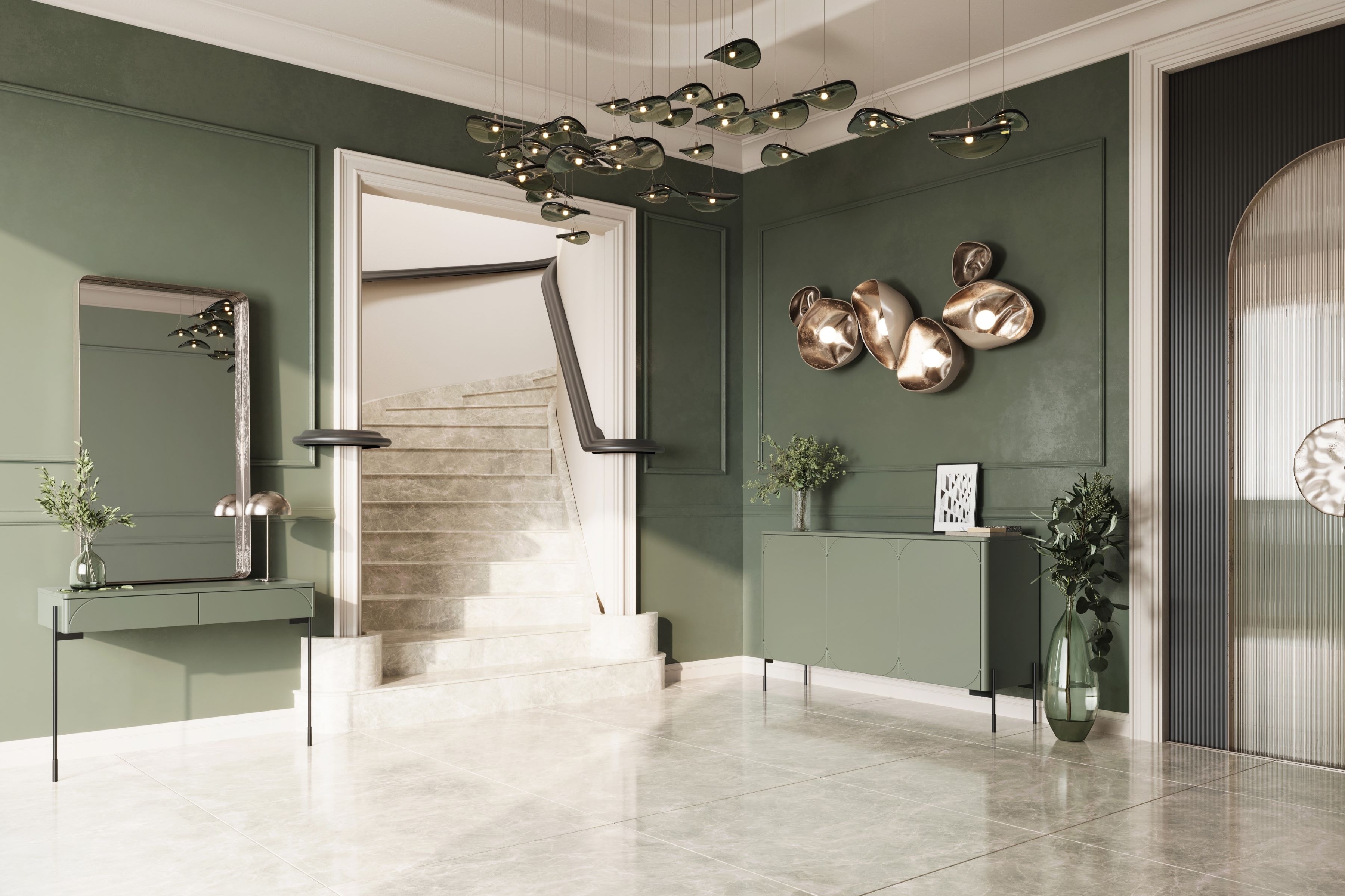 Komoda Sonatia 150 cm se čtyřmi skrytými zásuvkami - olivová Komoda třídveřová se čtyřmi ukrytymi zásuvkami Sonatia 150 cm - olivová