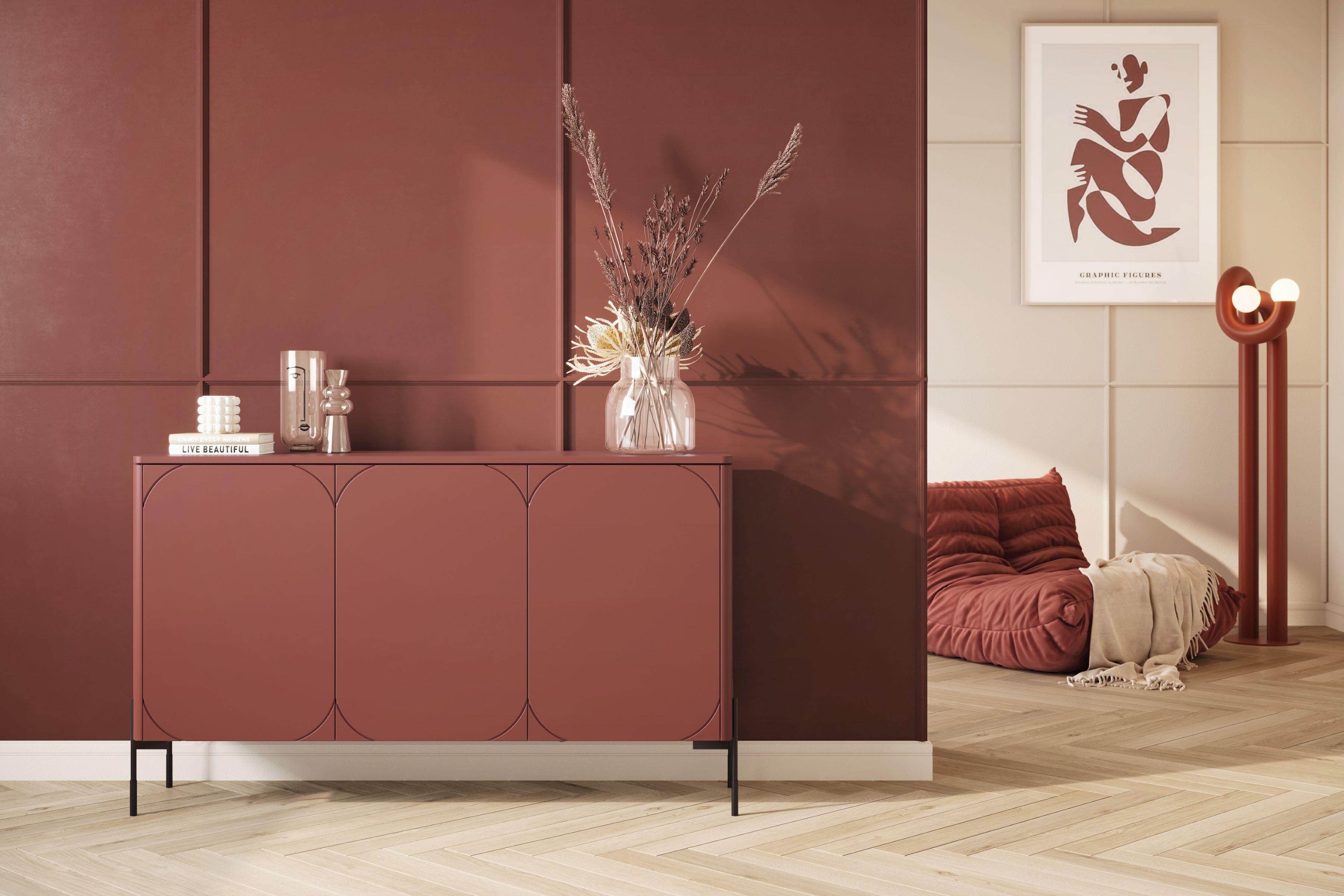 Komoda Sonatia 150 cm s 2 ukrytými zásuvkami - burgundová Komoda trojdverová s dvoma ukrytymi zásuvkami Sonatia 150 cm - burgund