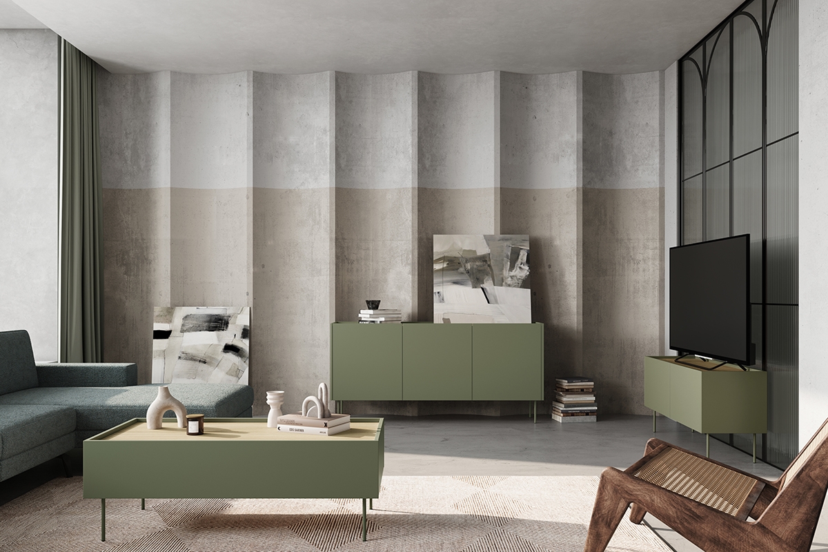 Komoda Desin 170 cm so 4 ukrytými zásuvkami - olivová / dub nagano Komoda trojdverová s dvojitým kontajnerom Desin 170 3D4SZ - Oliva / Dub nagano - vizualizácia