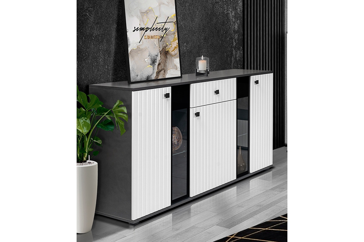 Komoda Kaja 140 cm s lamelami - bílá / matera Komoda s lamelovým čelem