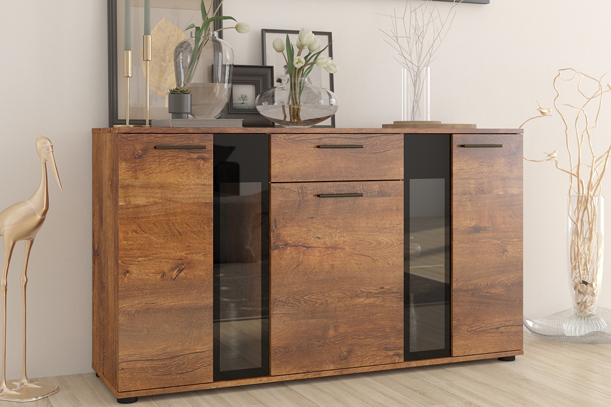Komoda trojdverová so zásuvkou Kaja - Dub Lefkas Tmavá presklená komoda