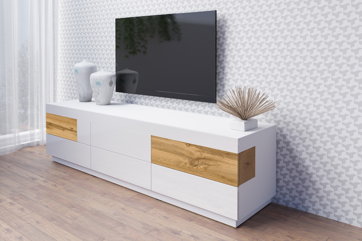 TV stolík Silke 40 - biely lesk / Dub wotan Skrinka pod TV Biela 