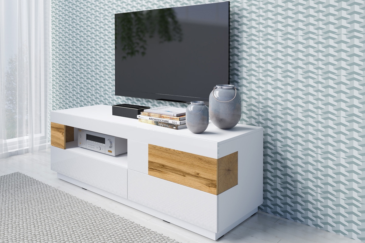 TV skříňka Silke 41 se zásuvkami - bílý lesk / dub wotan Skříňka lesk 