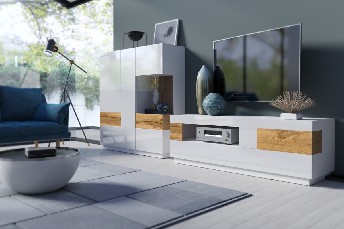 TV skříňka Silke 41 se zásuvkami - bílý lesk / dub wotan Bílá Obývací stěna 