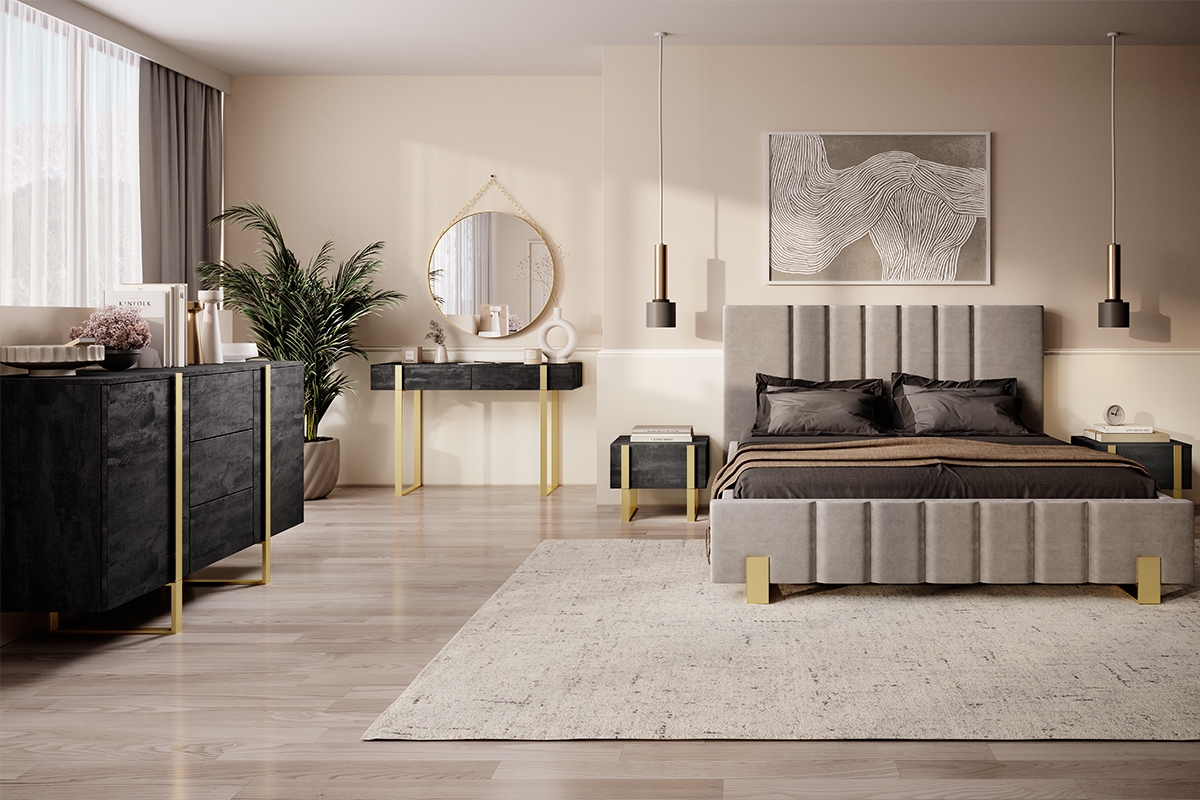 Komoda Verica 150 cm s tromi zásuvkami - charcoal / zlaté nožičky Komoda Verica 150 cm s tromi zásuvkami - charcoal / zlaté nožičky - vizualizácia