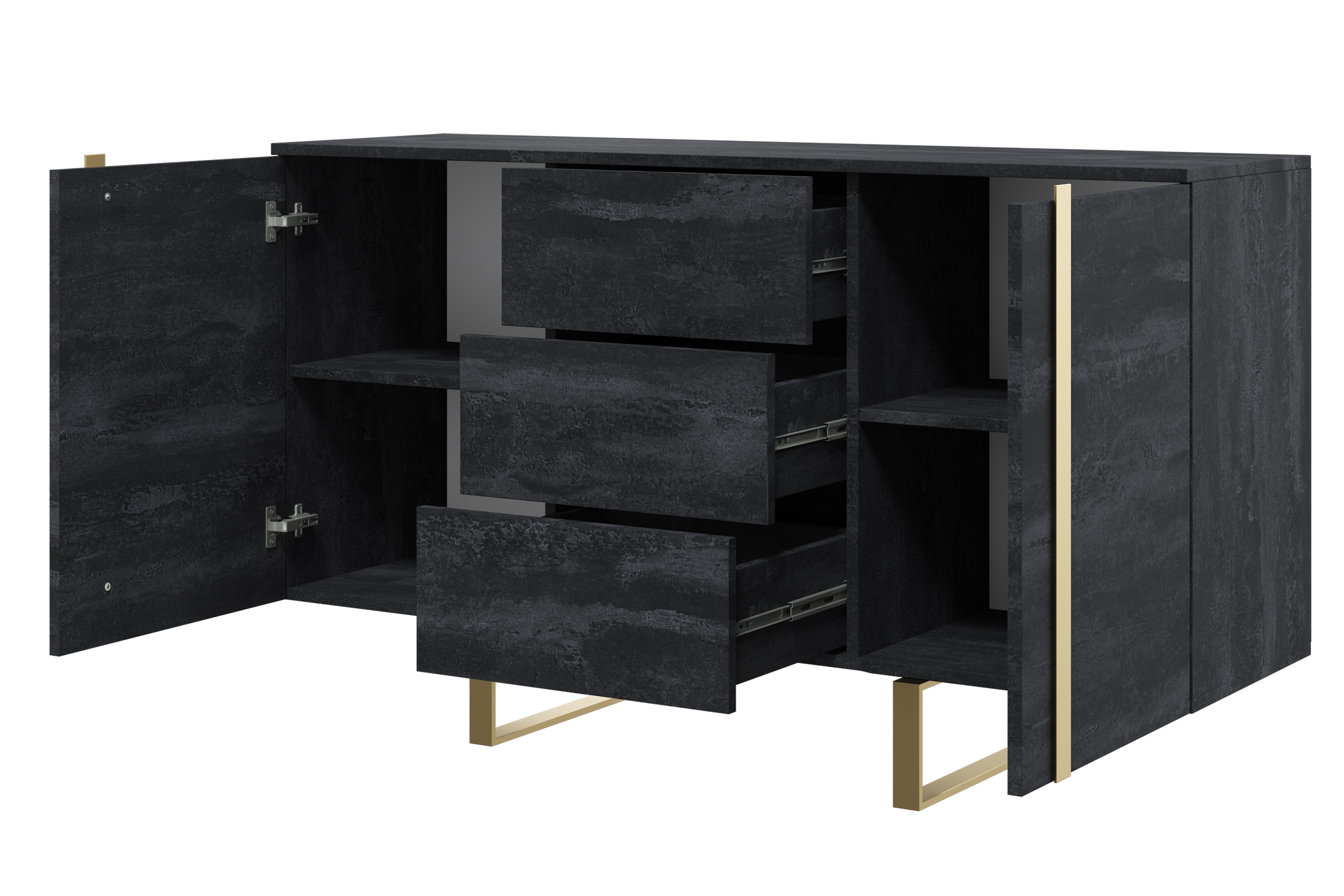 Komoda Verica 150 cm s tromi zásuvkami - charcoal / zlaté nožičky Komoda Verica 150 cm s tromi zásuvkami i metalowymi nogami - Čierny beton / zlote nozki