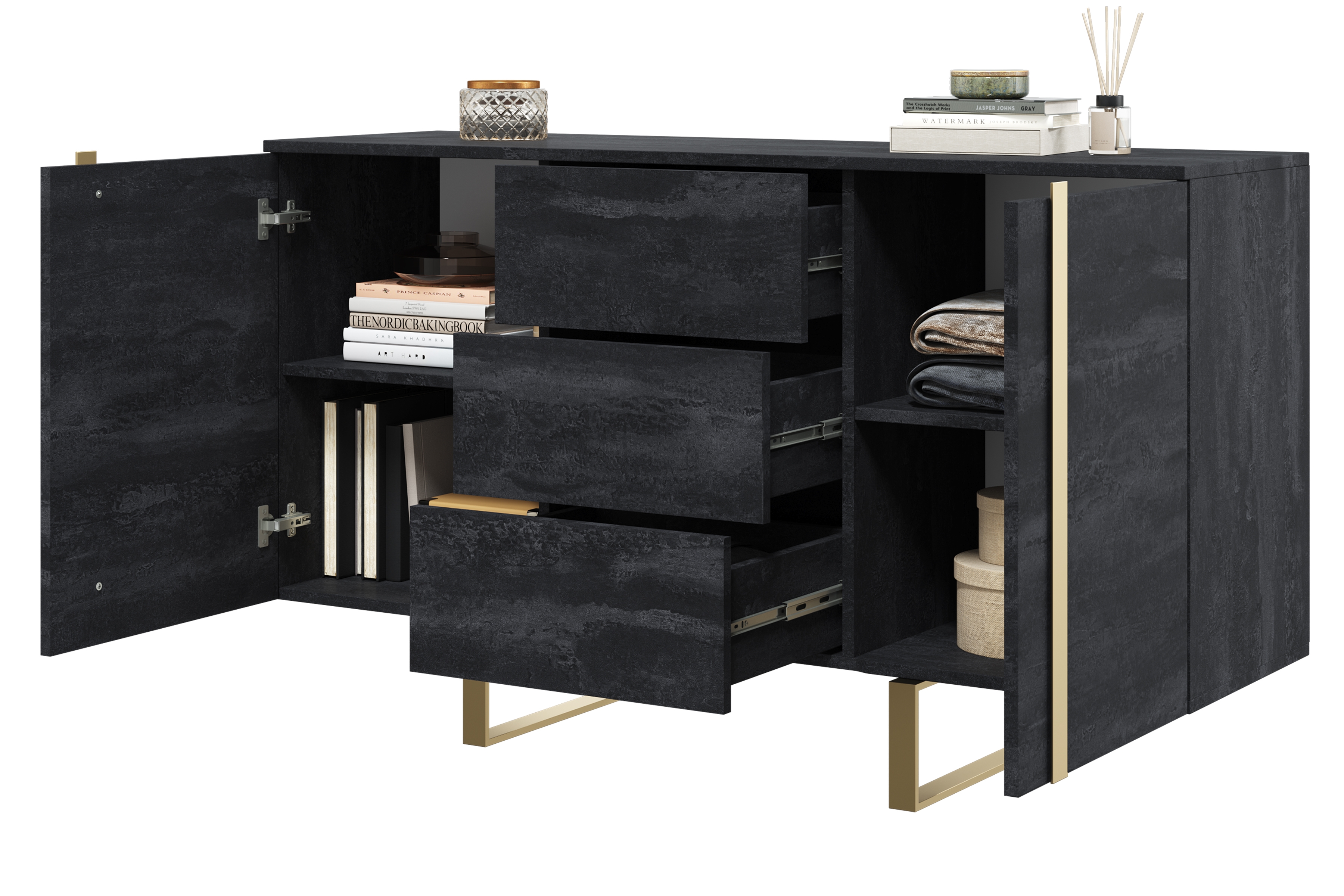 Komoda Verica 150 cm s tromi zásuvkami - charcoal / zlaté nožičky Komoda Verica 150 cm s tromi zásuvkami i metalowymi nogami - Čierny beton / zlote nozki