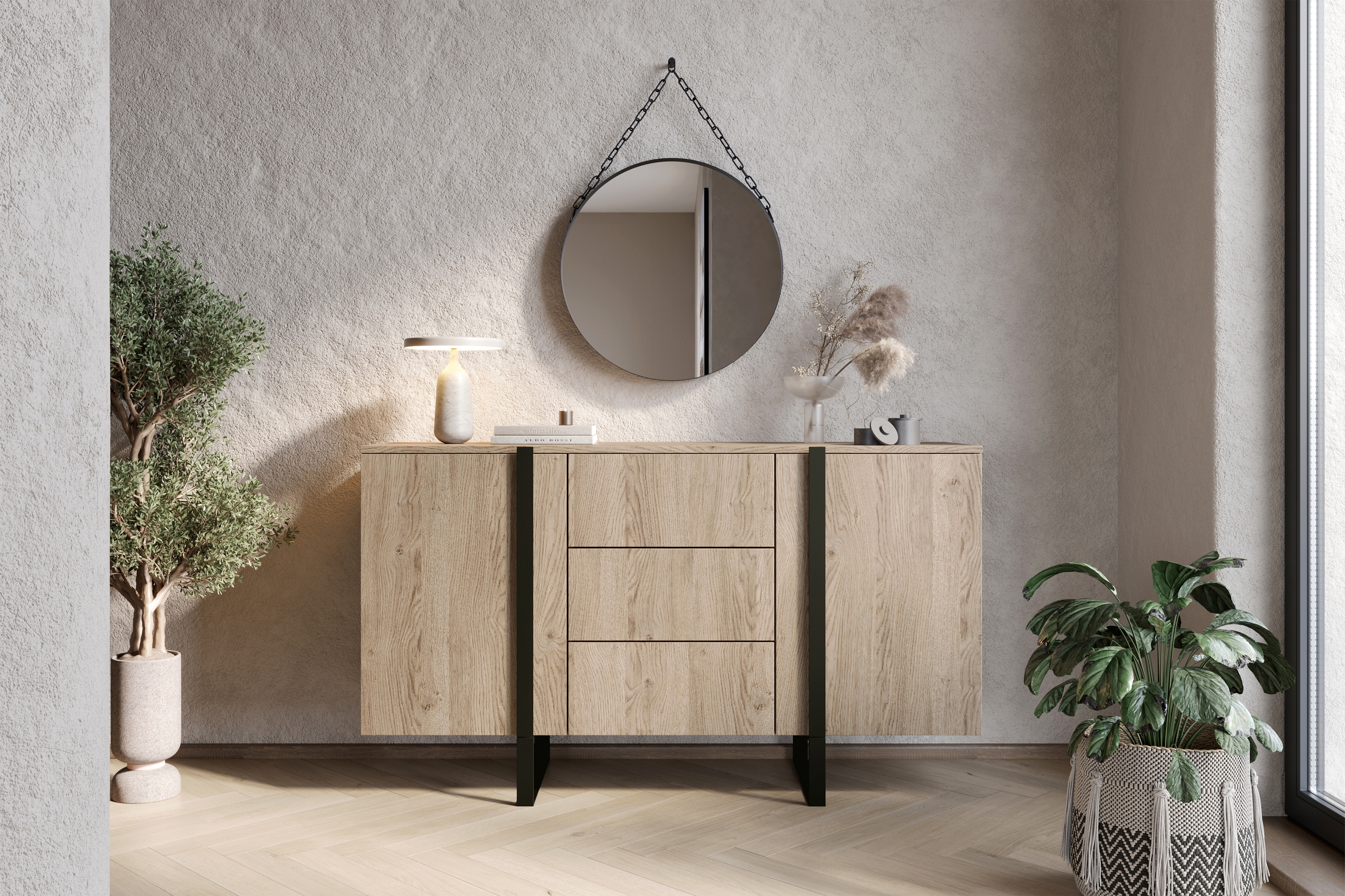 Komoda Verica 150 cm s tromi zásuvkami a kovovými nohami - dub piškótový / čierny nožičky Komoda Verica 150 cm s tromi zásuvkami i metalowymi nogami - Dub biszkoptowy / čierny nozki