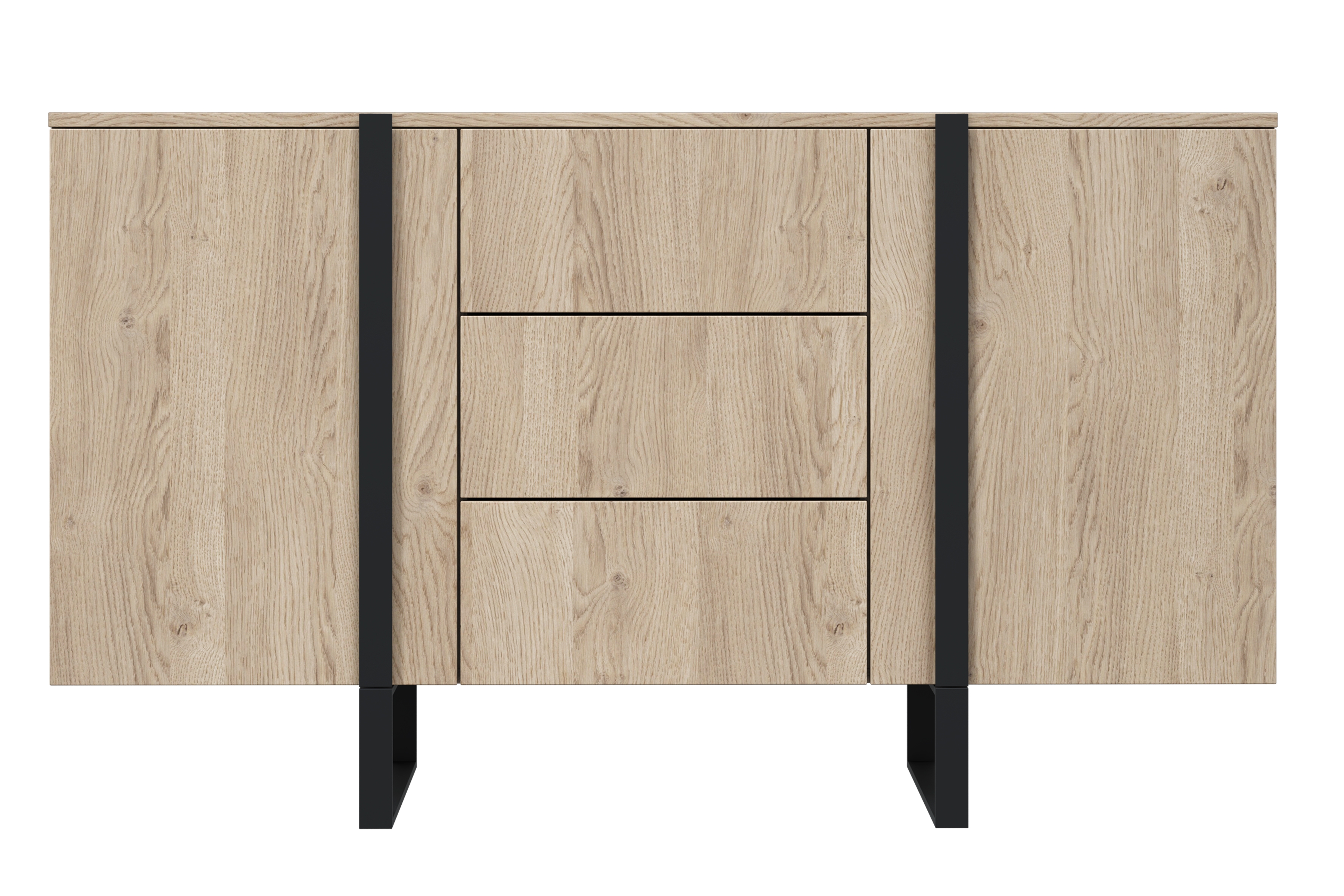 Komoda Verica 150 cm s tromi zásuvkami a kovovými nohami - dub piškótový / čierny nožičky Komoda Verica 150 cm s tromi zásuvkami i metalowymi nogami - Dub biszkoptowy / čierny nozki