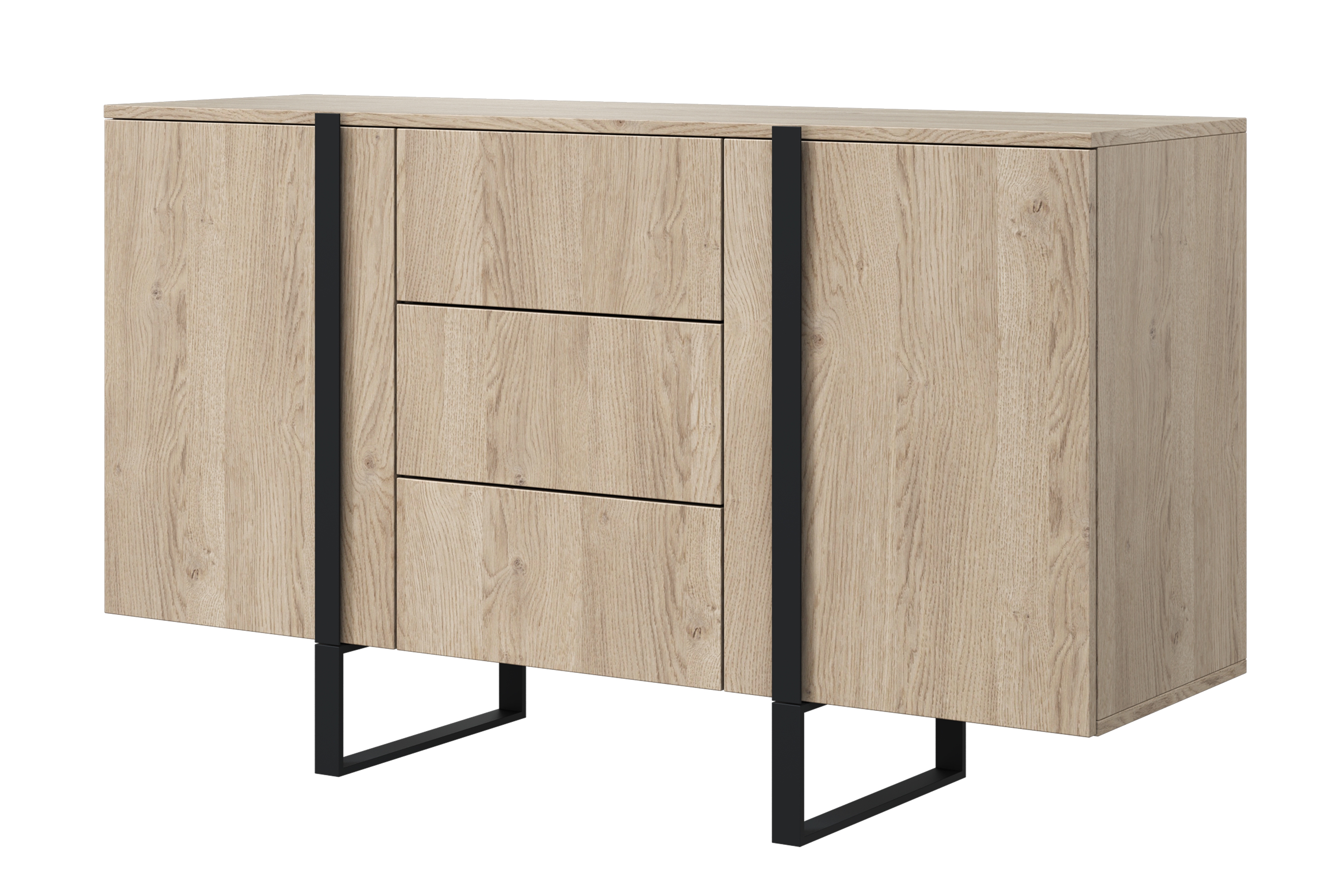 Komoda Verica 150 cm s tromi zásuvkami a kovovými nohami - dub piškótový / čierny nožičky Komoda Verica 150 cm s tromi zásuvkami i metalowymi nogami - Dub biszkoptowy / čierny nozki