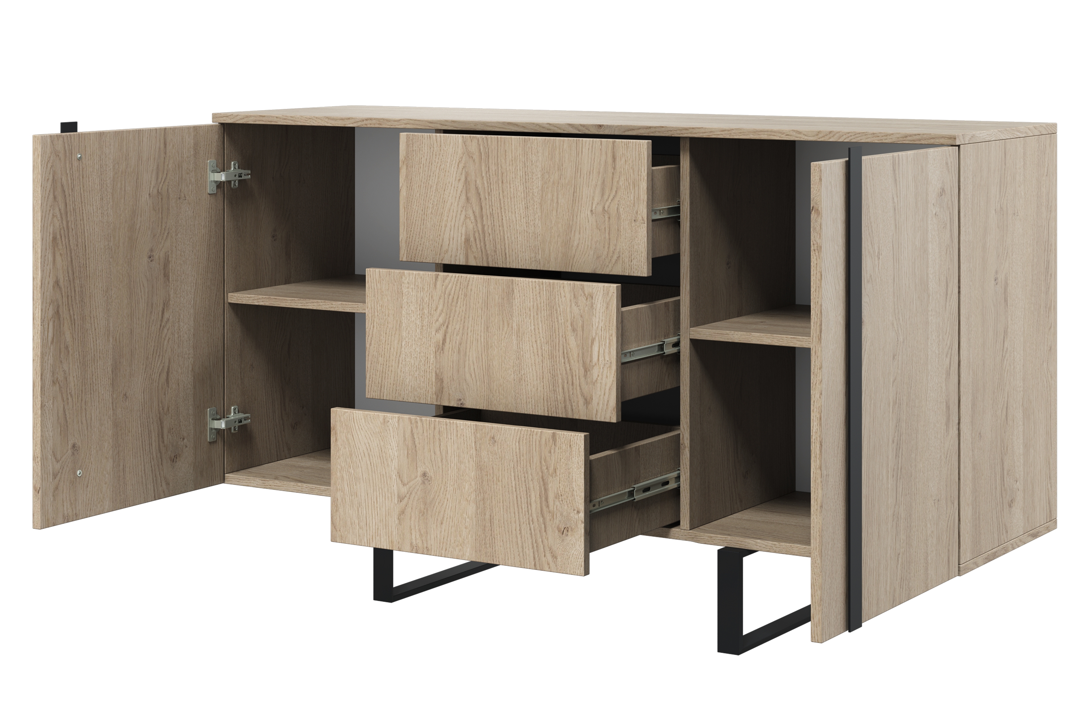 Komoda Verica 150 cm s tromi zásuvkami a kovovými nohami - dub piškótový / čierny nožičky Komoda Verica 150 cm s tromi zásuvkami i metalowymi nogami - Dub biszkoptowy / čierny nozki