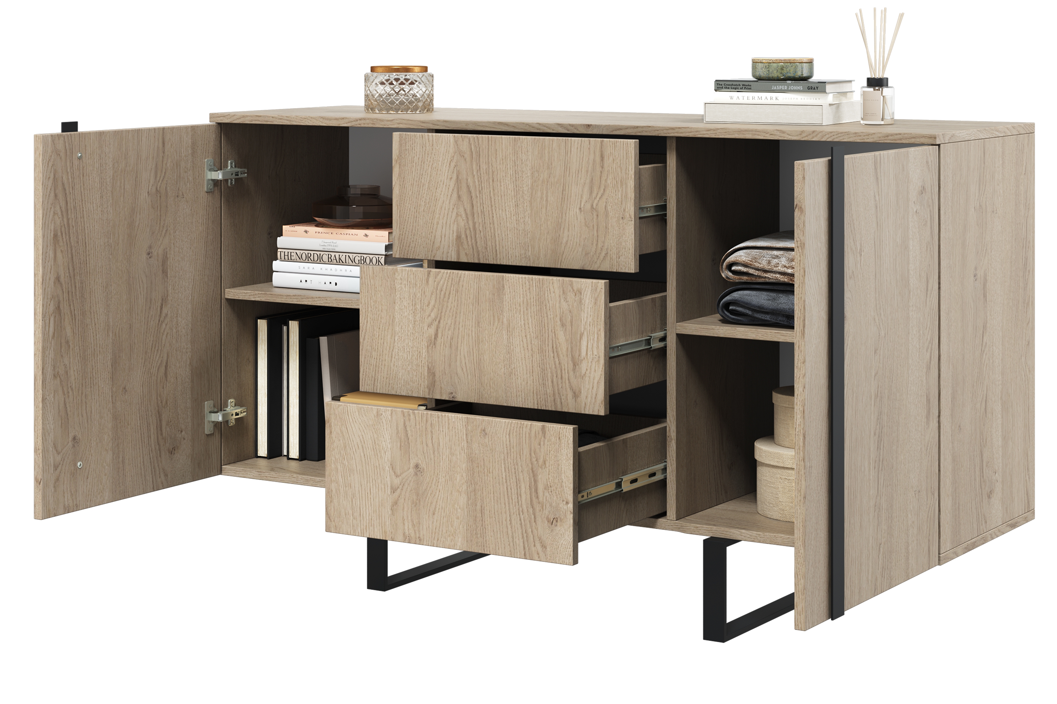 Komoda Verica 150 cm s tromi zásuvkami a kovovými nohami - dub piškótový / čierny nožičky Komoda Verica 150 cm s tromi zásuvkami i metalowymi nogami - Dub biszkoptowy / čierny nozki