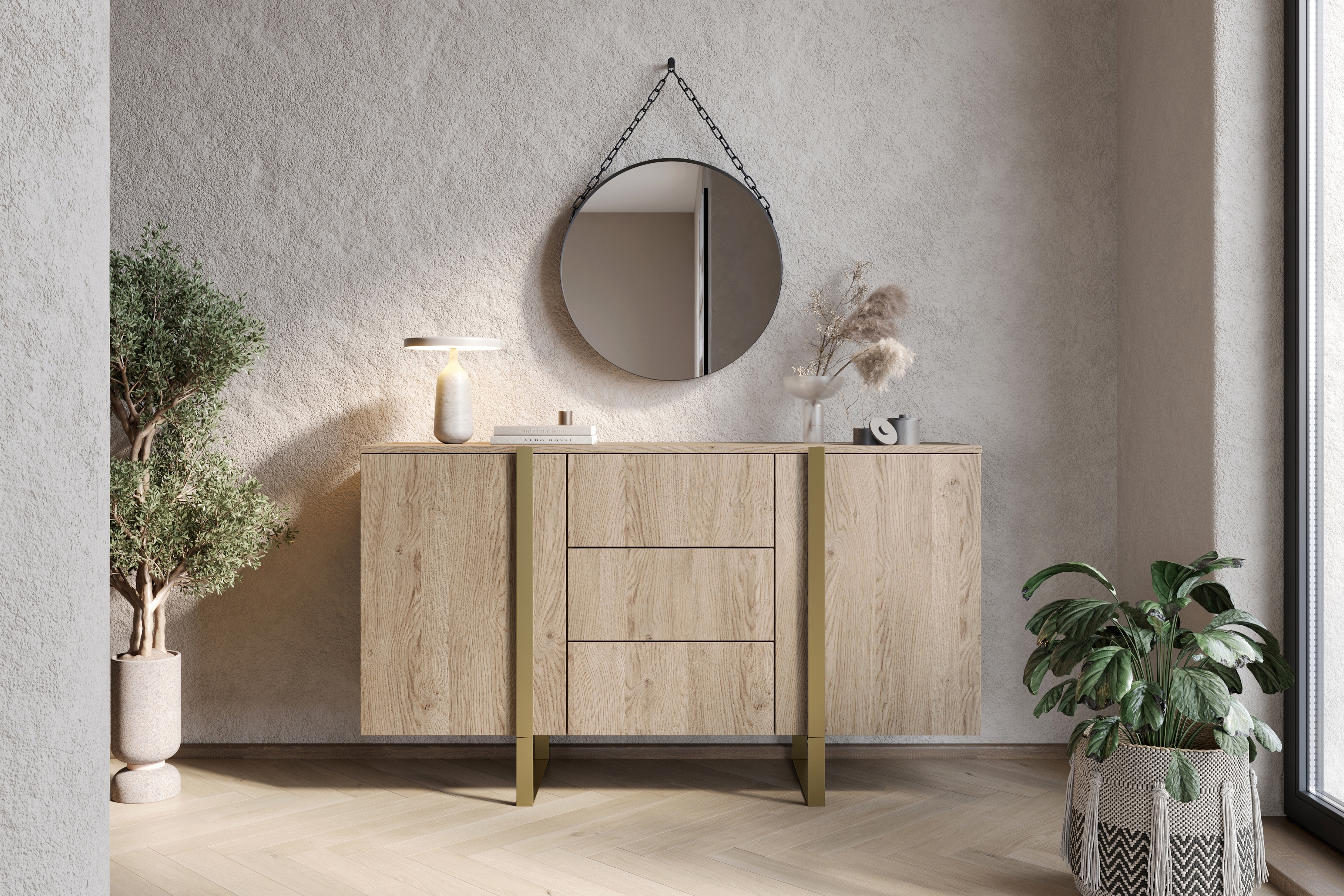 Komoda Verica 150 cm s 3 zásuvkami a kovovými nohami - dub piškótový / zlaté nožičky Komoda Verica 150 cm s tromi zásuvkami i metalowymi nogami - Dub biszkoptowy / zlote nozki