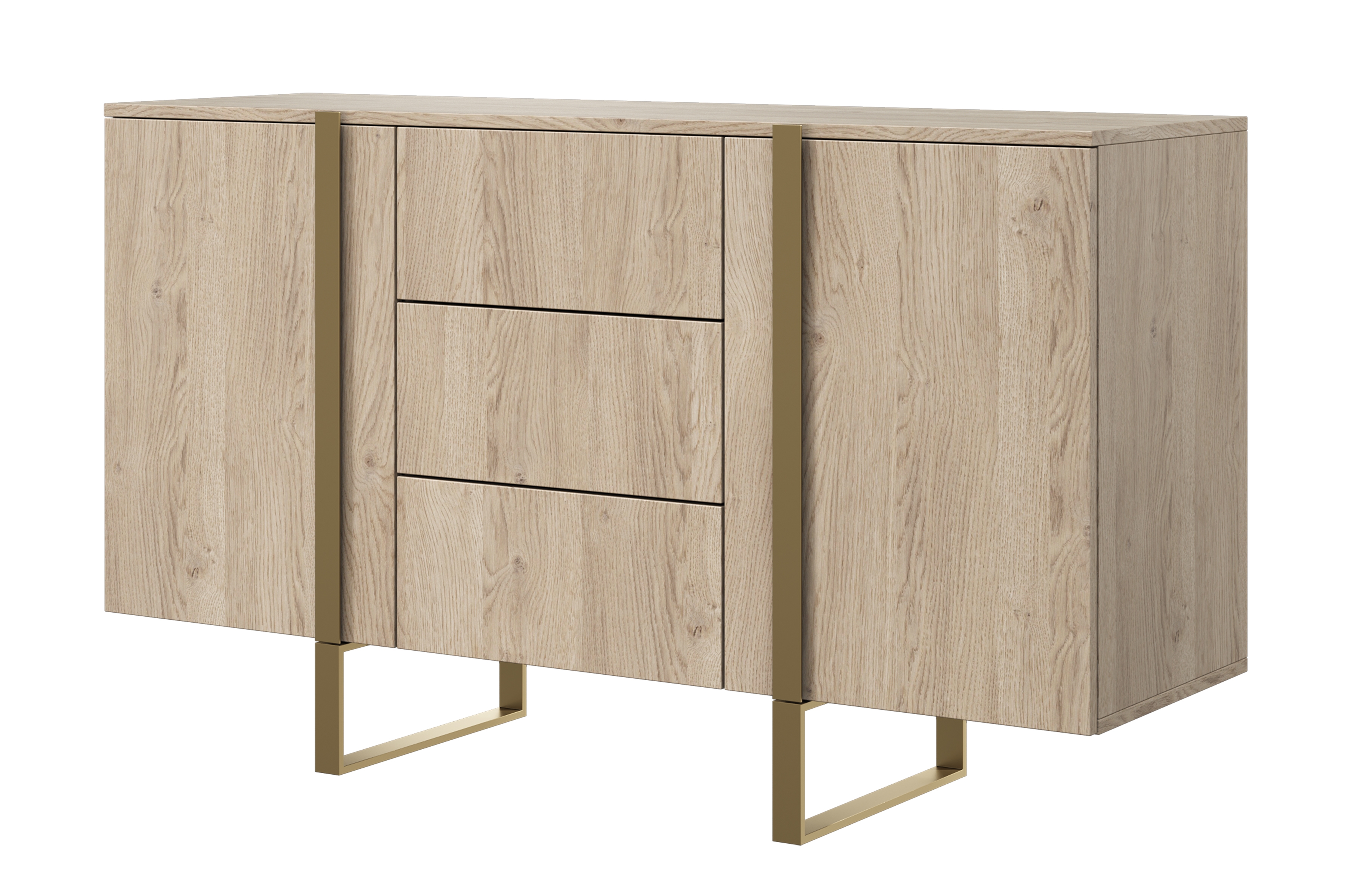 Komoda Verica 150 cm s 3 zásuvkami a kovovými nohami - dub piškótový / zlaté nožičky Komoda Verica 150 cm s tromi zásuvkami i metalowymi nogami - Dub biszkoptowy / zlote nozki