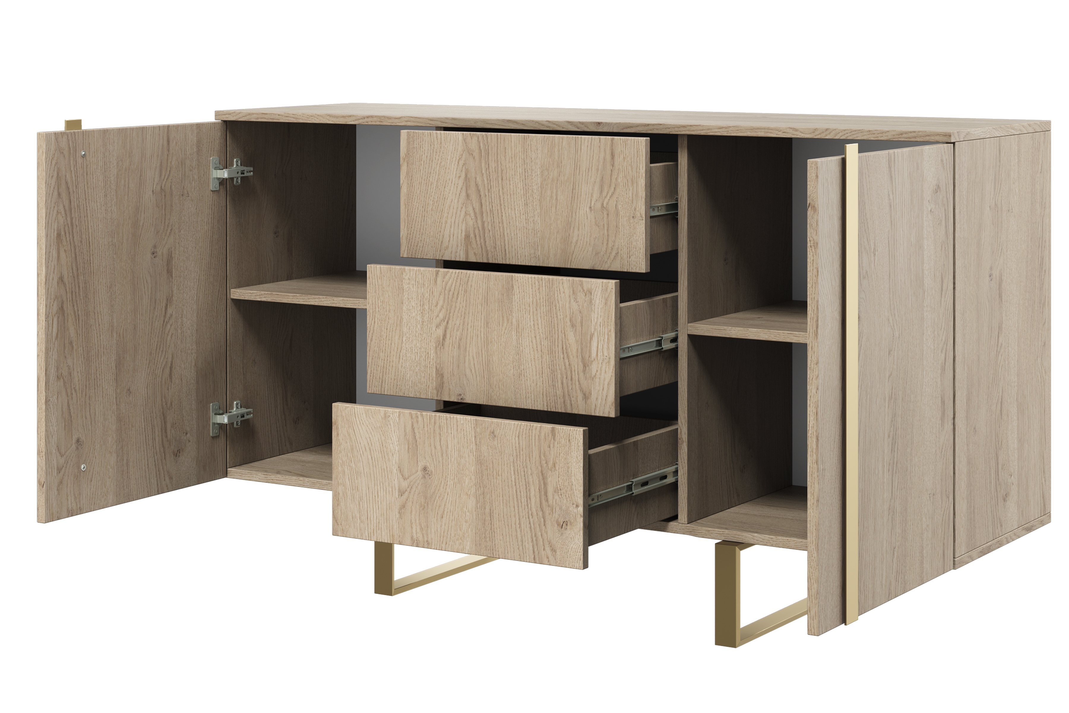 Komoda Verica 150 cm s 3 zásuvkami a kovovými nohami - dub piškótový / zlaté nožičky Komoda Verica 150 cm s tromi zásuvkami i metalowymi nogami - Dub biszkoptowy / zlote nozki