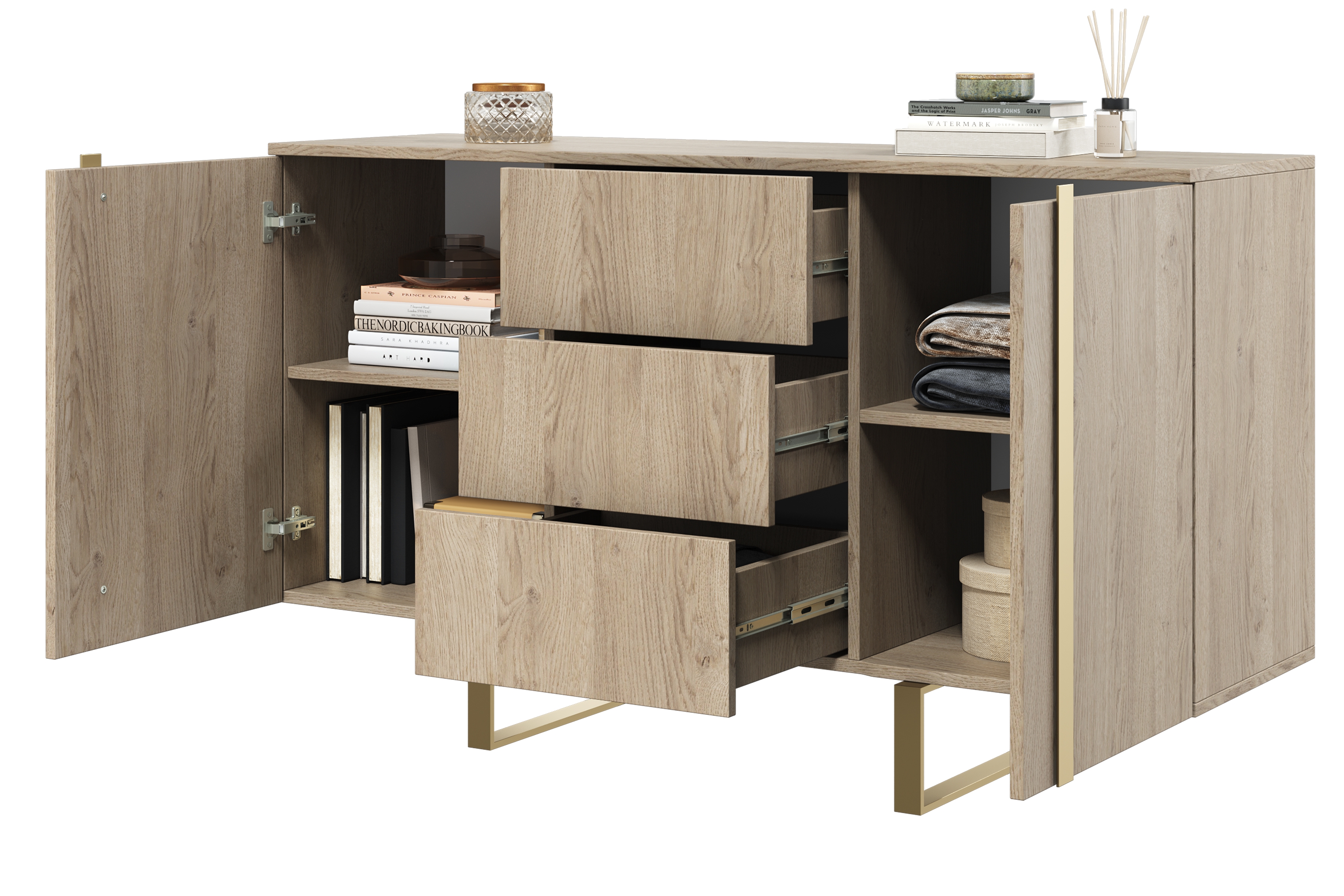 Komoda Verica 150 cm s 3 zásuvkami a kovovými nohami - dub piškótový / zlaté nožičky Komoda Verica 150 cm s tromi zásuvkami i metalowymi nogami - Dub biszkoptowy / zlote nozki