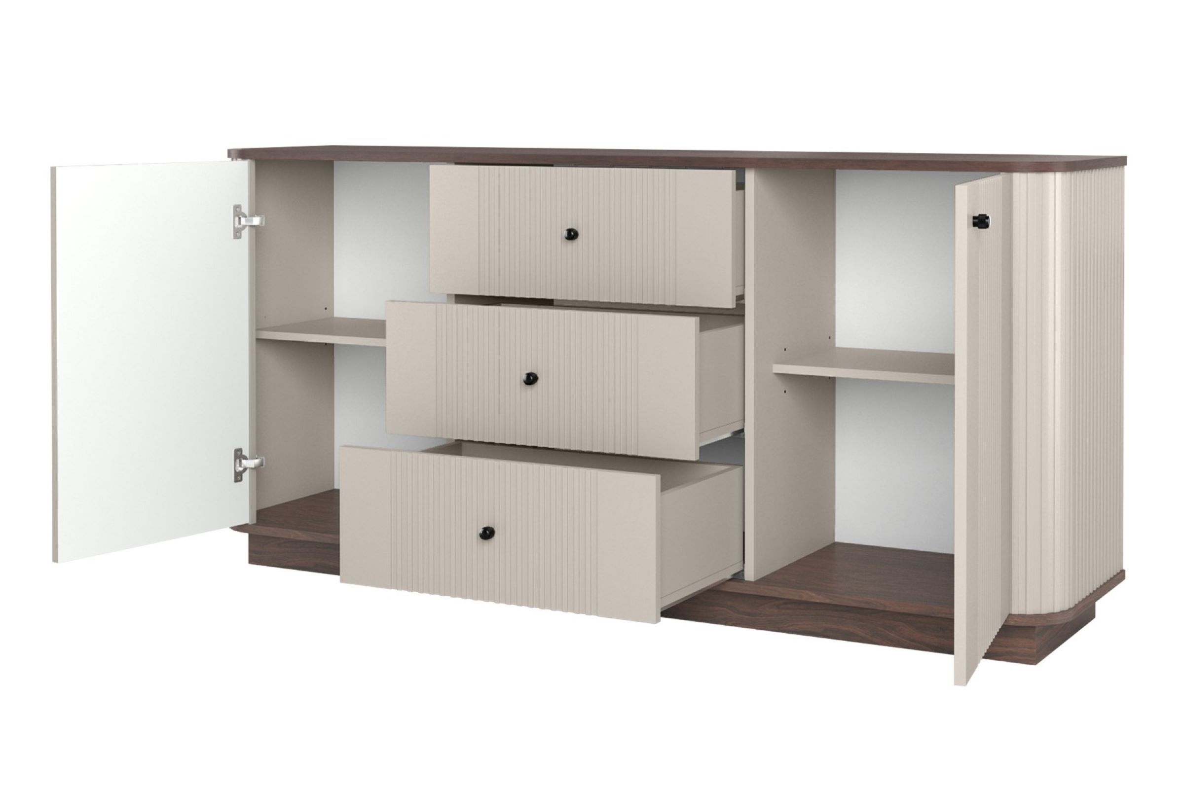 Komoda Vesper 160 cm se zásuvkami - kašmírová / ořech / černé úchytky Komoda Vesper 160 cm se zásuvkami - kašmír / ořech / černá Úchytky