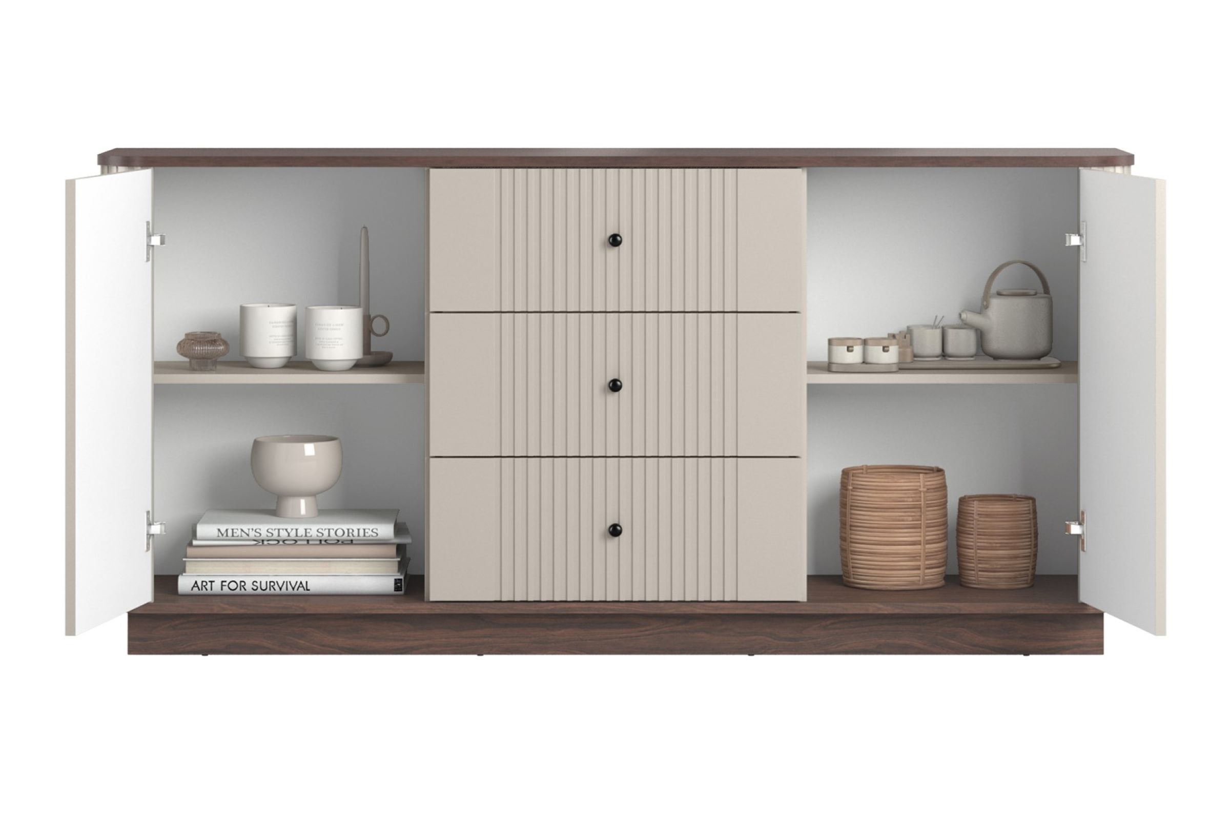 Komoda Vesper 160 cm se zásuvkami - kašmírová / ořech / černé úchytky Komoda Vesper 160 cm se zásuvkami - kašmír / ořech / černá Úchytky