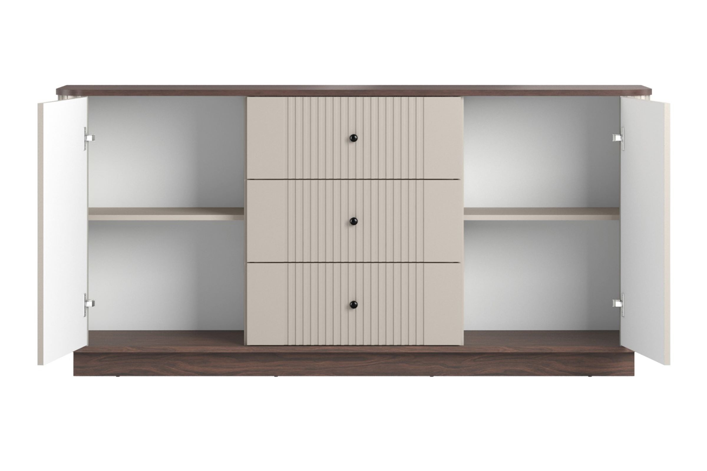 Komoda Vesper 160 cm se zásuvkami - kašmírová / ořech / černé úchytky Komoda Vesper 160 cm se zásuvkami - kašmír / ořech / černá Úchytky