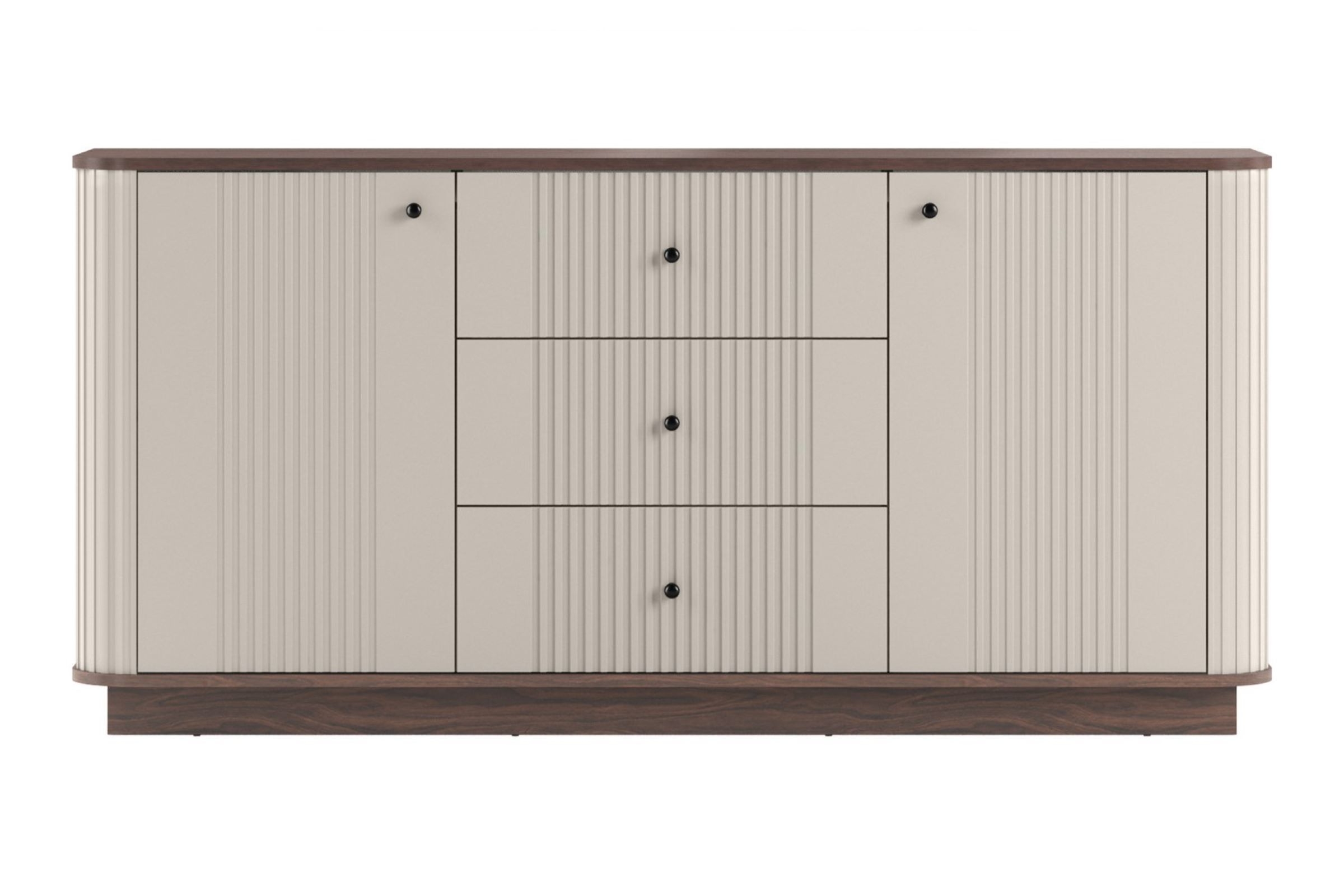 Komoda Vesper 160 cm se zásuvkami - kašmírová / ořech / černé úchytky Komoda Vesper 160 cm se zásuvkami - kašmír / ořech / černá Úchytky