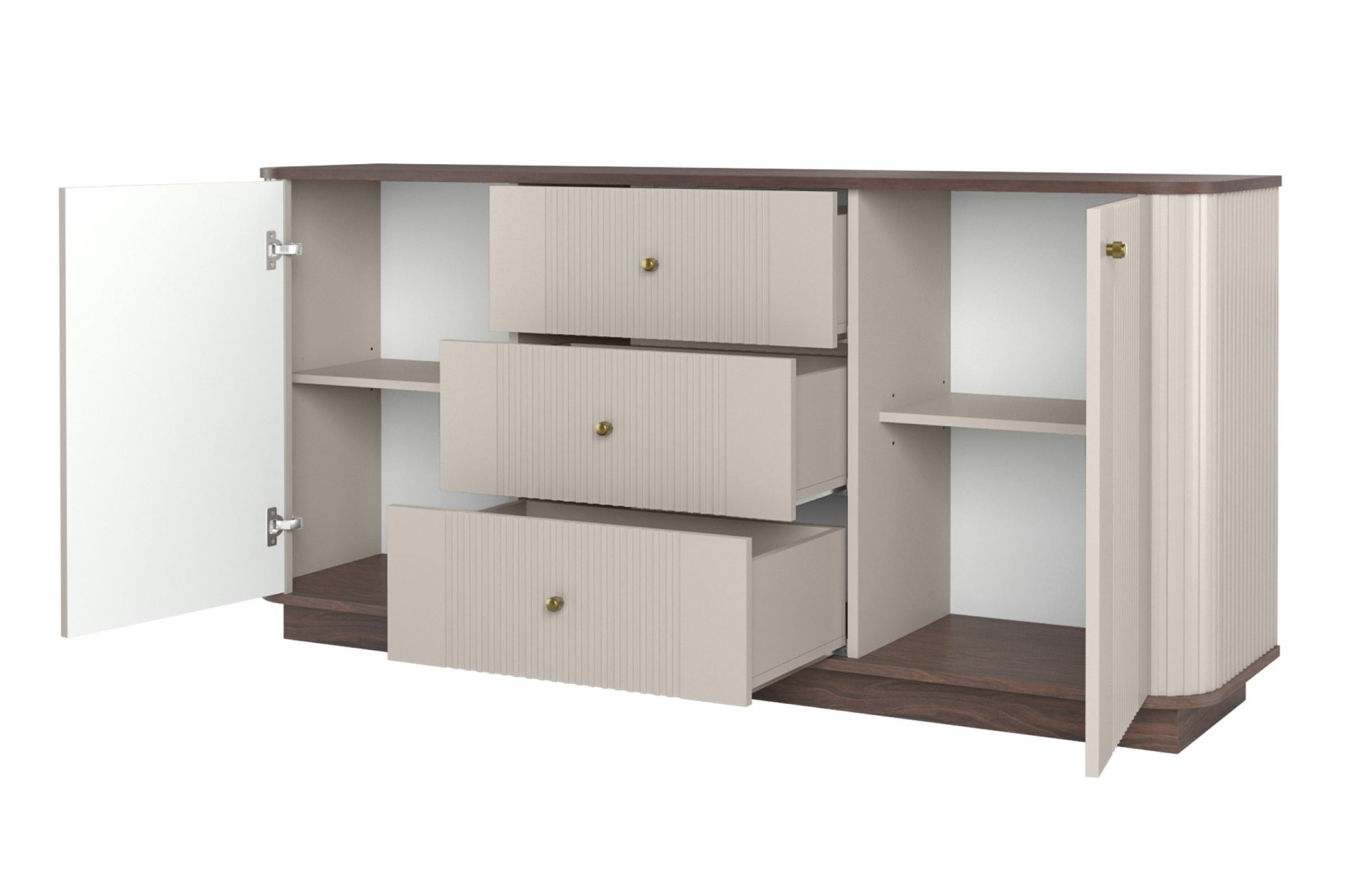 Komoda Vesper 160 cm se zásuvkami - kašmírová / ořech / zlaté úchytky Komoda Vesper 160 cm se zásuvkami - kašmír / ořech / zlote Úchytky