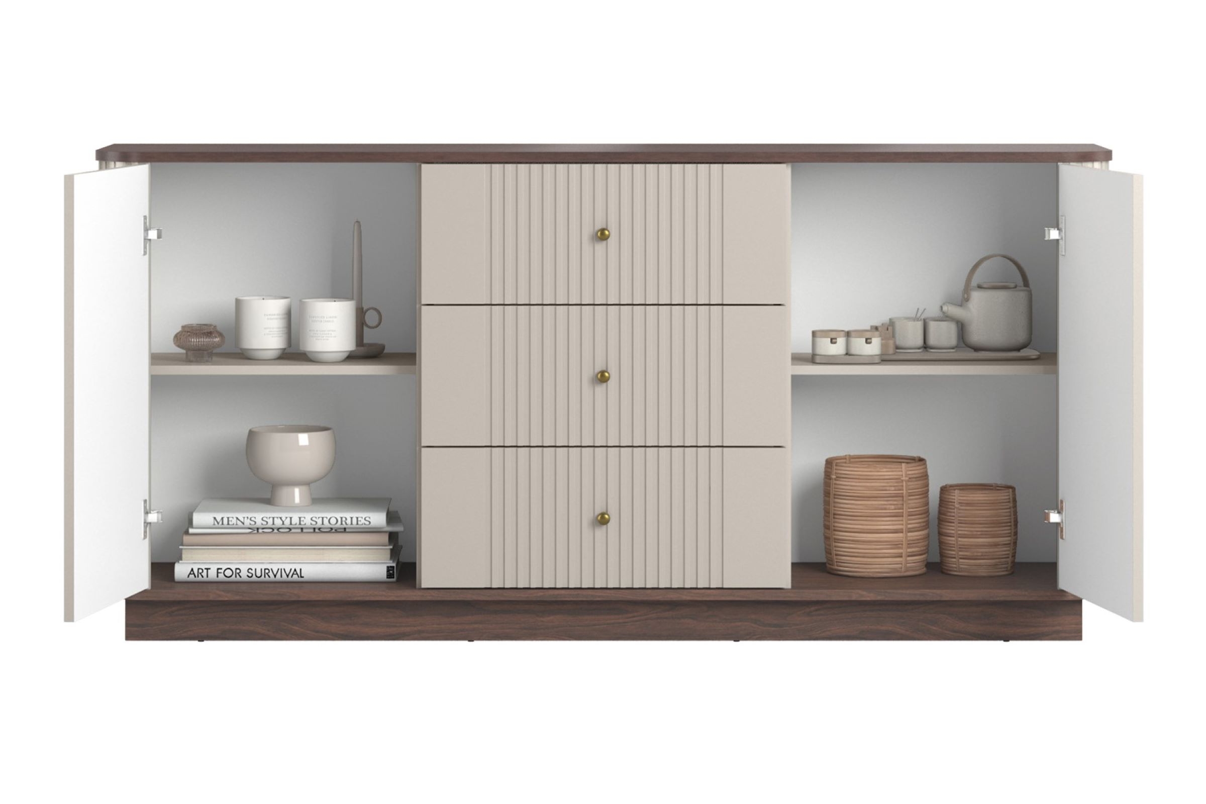 Komoda Vesper 160 cm se zásuvkami - kašmírová / ořech / zlaté úchytky Komoda Vesper 160 cm se zásuvkami - kašmír / ořech / zlote Úchytky