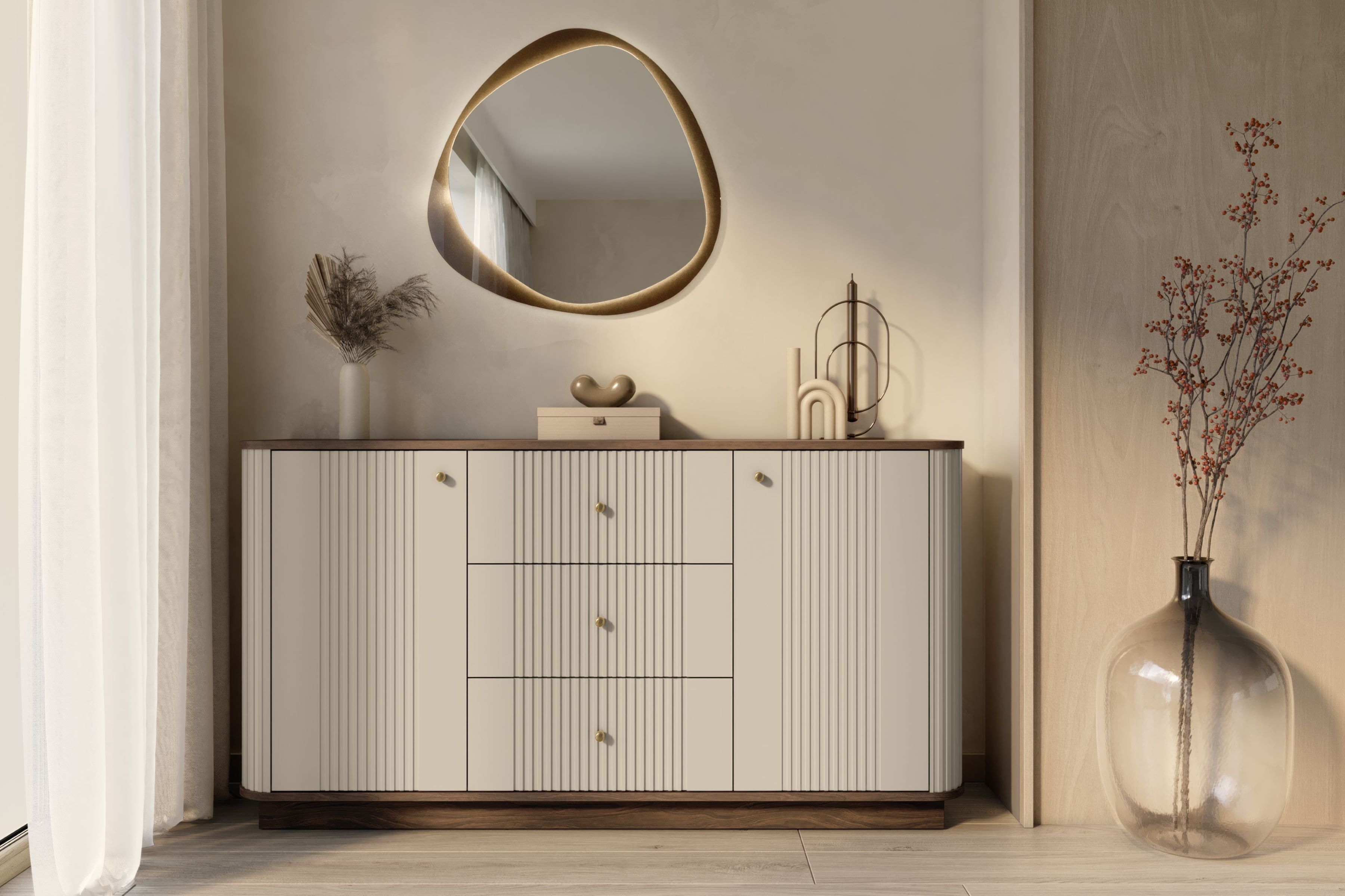 Komoda Vesper 160 cm se zásuvkami - kašmírová / ořech / zlaté úchytky Komoda Vesper 160 cm se zásuvkami - kašmír / ořech / zlote Úchytky