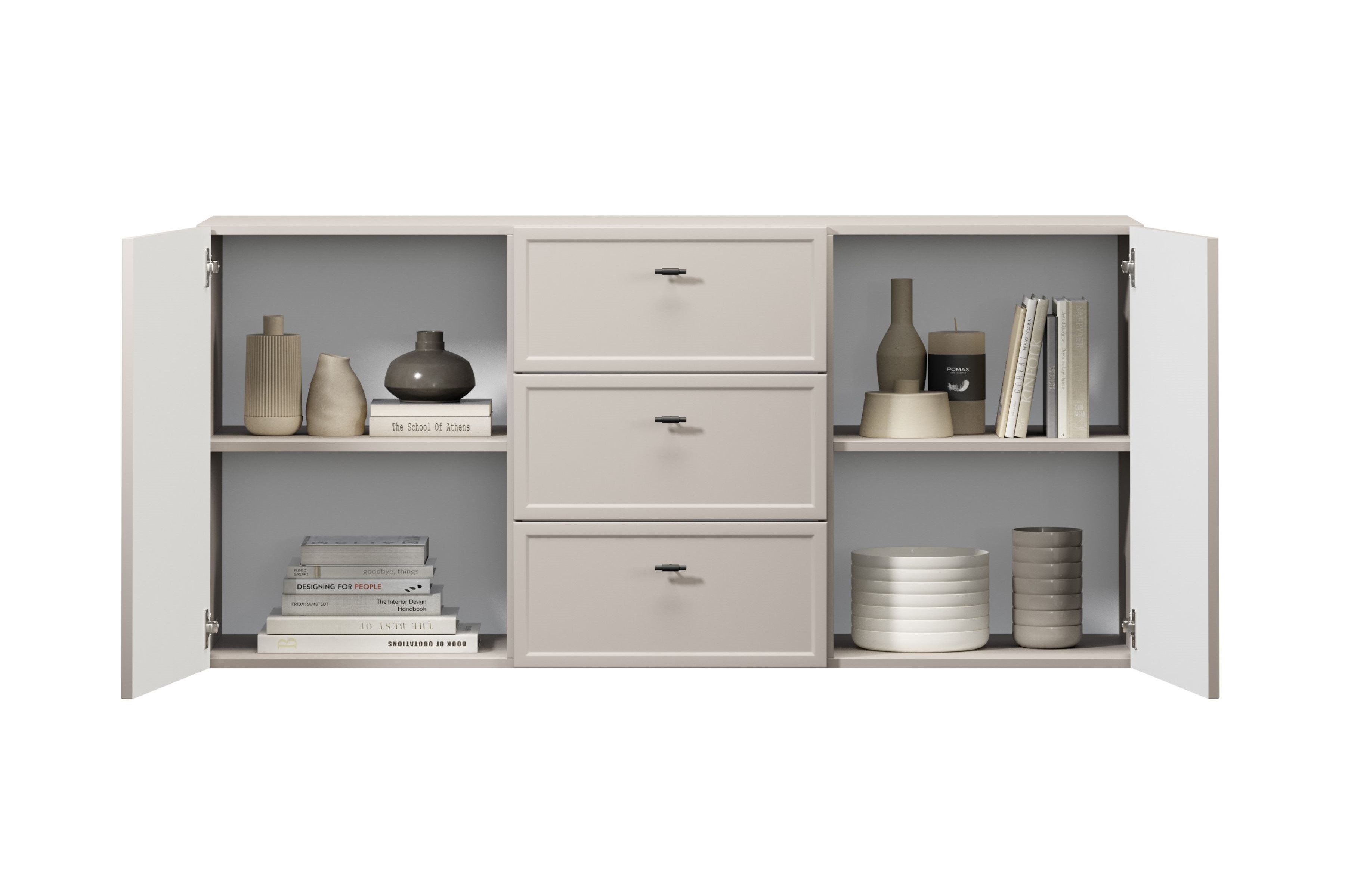 Závesná komoda Lorini 150 cm - kašmírová / čierne úchytky T Komoda závesná Lorini 150 cm so zásuvkami - kašmír / čierny úchyty T-bar