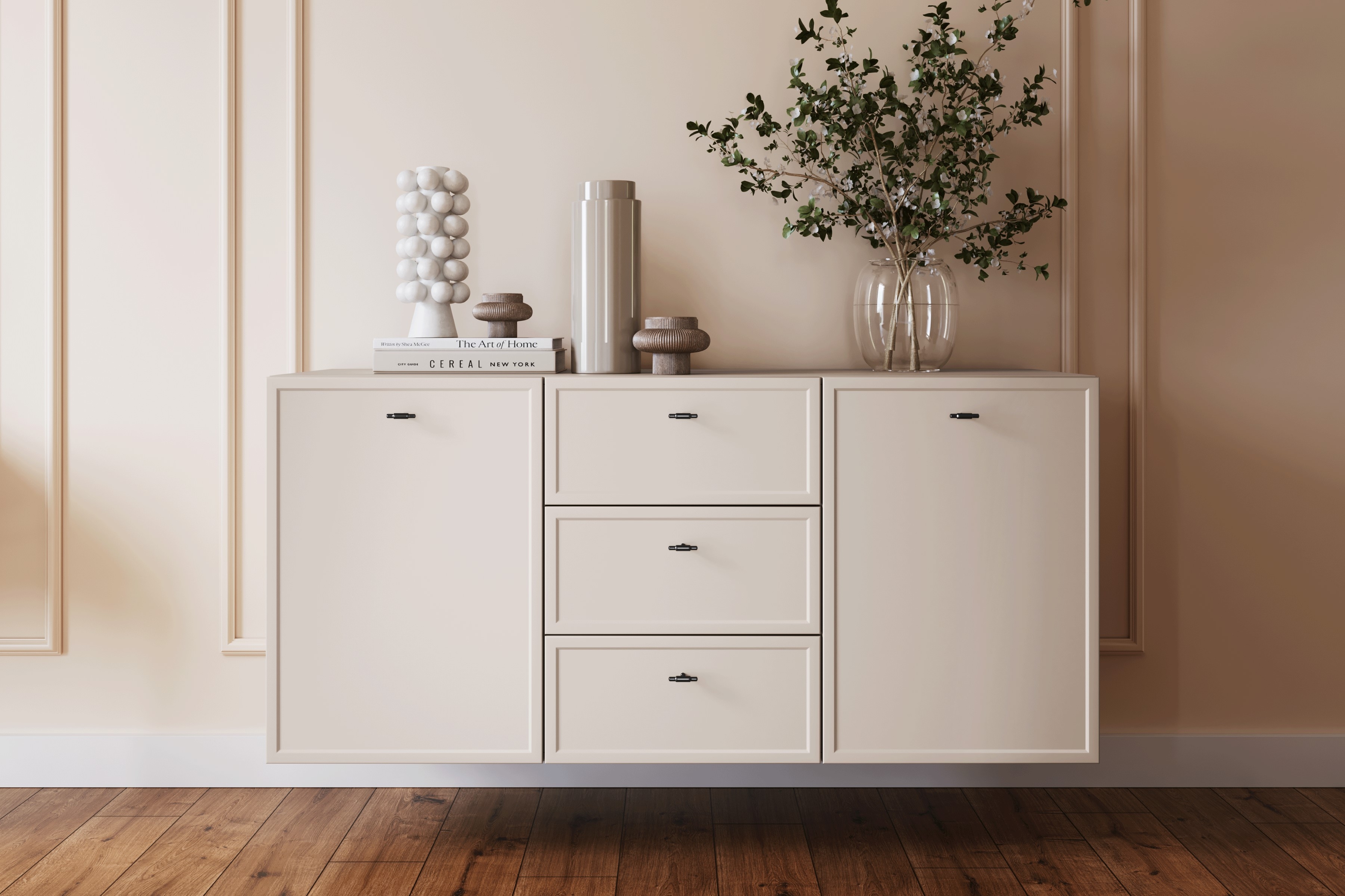 Závesná komoda Lorini 150 cm - kašmírová / čierne úchytky T Komoda závesná Lorini 150 cm so zásuvkami - kašmír / čierny úchyty T-bar