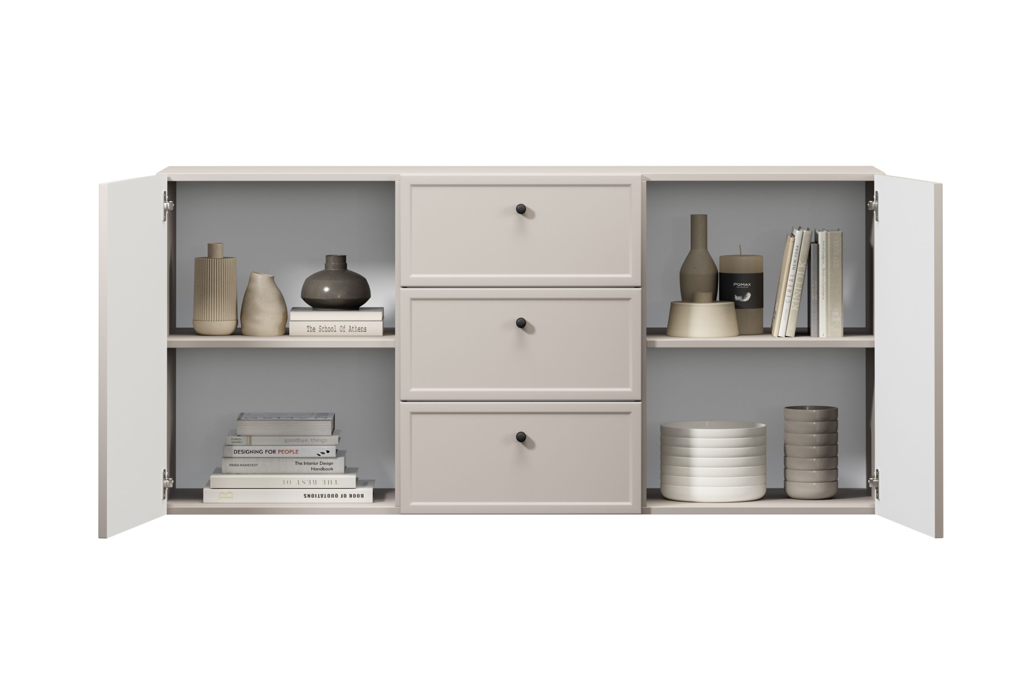 Závesná komoda Lorini 150 cm - kašmírová / čierne úchytky G Komoda závesná Lorini 150 cm so zásuvkami - kašmír / čierny úchyty