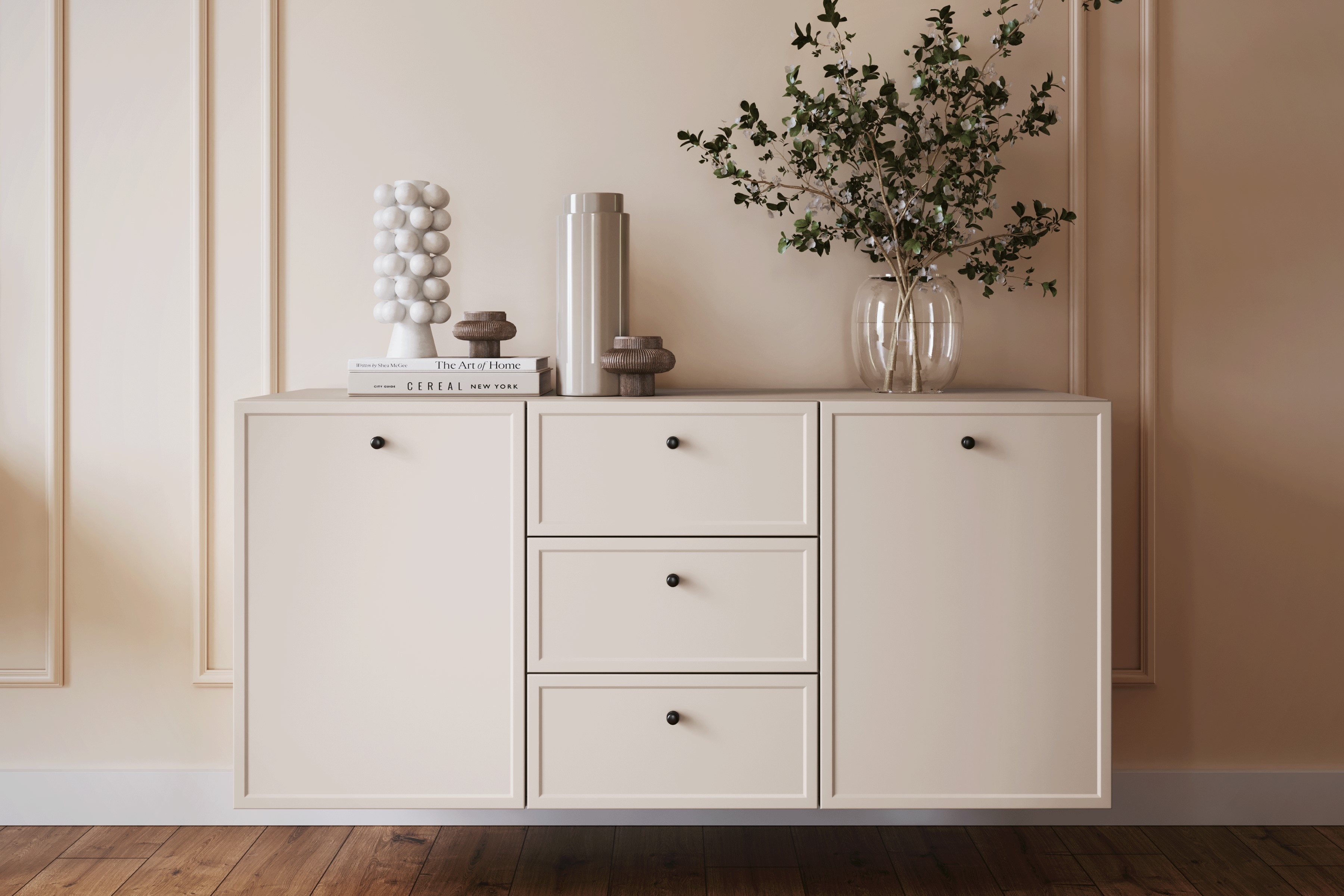 Závesná komoda Lorini 150 cm - kašmírová / čierne úchytky G Komoda závesná Lorini 150 cm so zásuvkami - kašmír / čierny úchyty