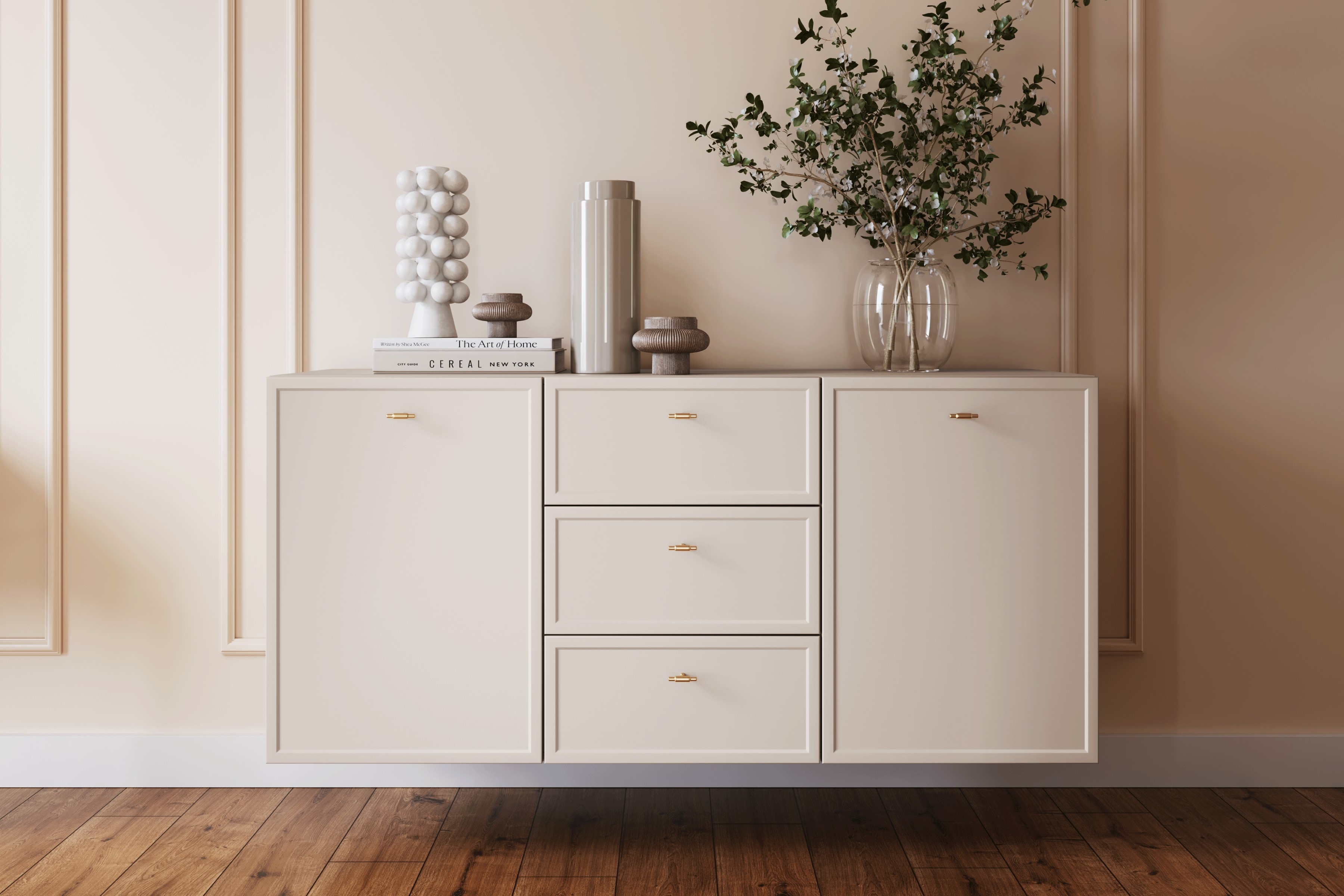 Závesná komoda Lorini 150 cm - kašmírová / zlaté úchytky T Komoda závesná Lorini 150 cm so zásuvkami - kašmír / zlote úchyty T-bar