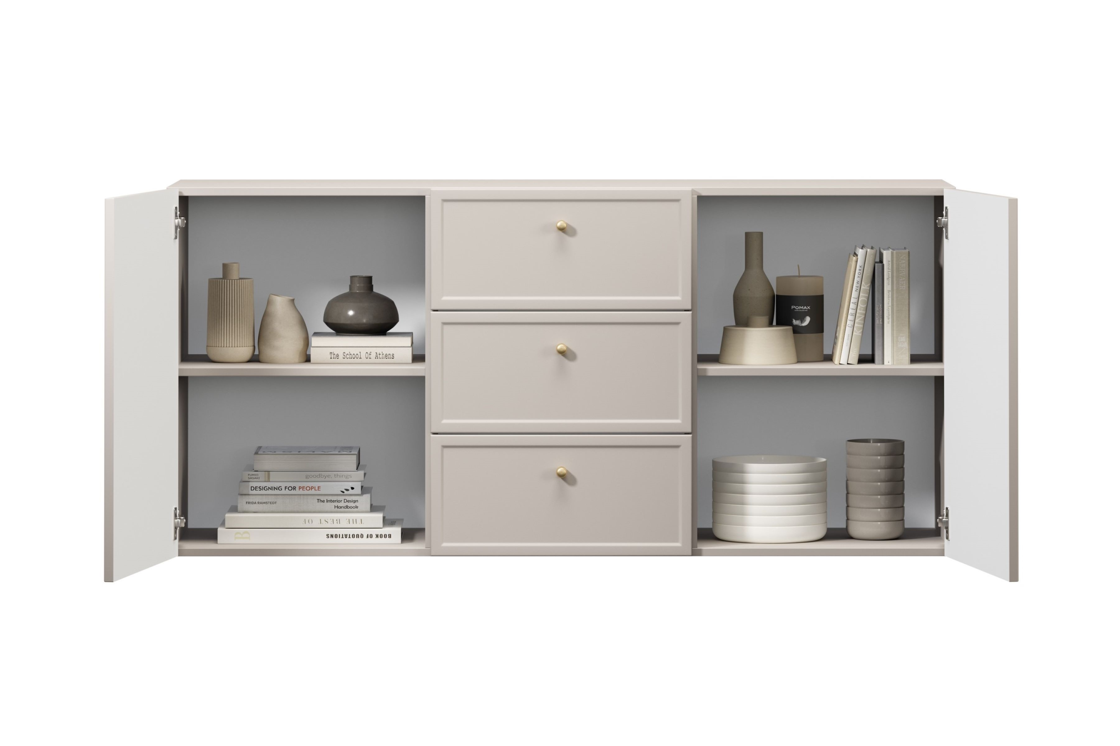 Závesná komoda Lorini 150 cm - kašmírová / zlaté úchytky G Komoda závesná Lorini 150 cm so zásuvkami - kašmír / zlote úchyty