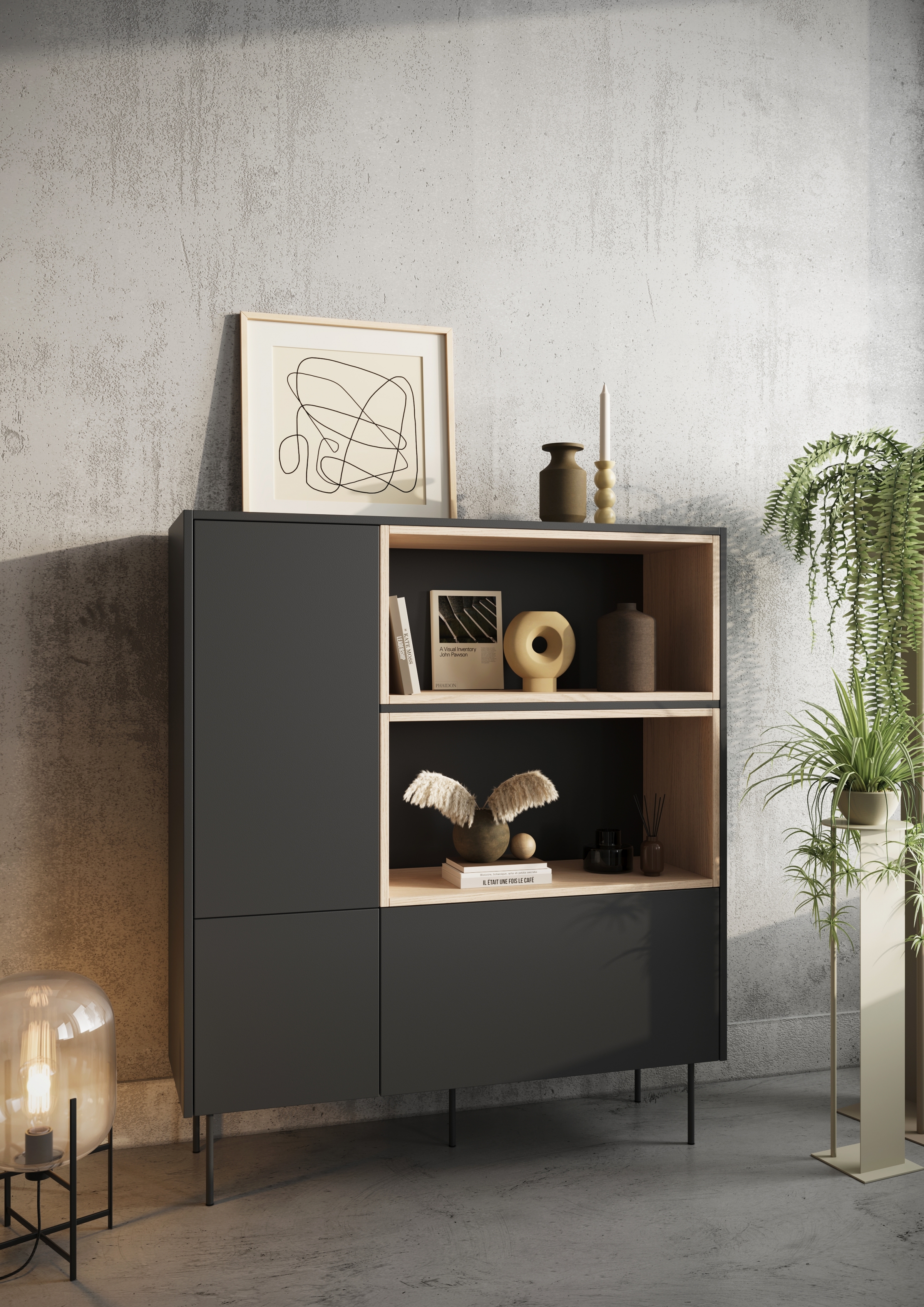 Vysoká komoda Desin 120 cm se zásuvkou - černý mat / dub nagano Komoda vysoká Desin 120 cm z wnekami, szuflada i metalowymi nogami - černá mat / dub nagano