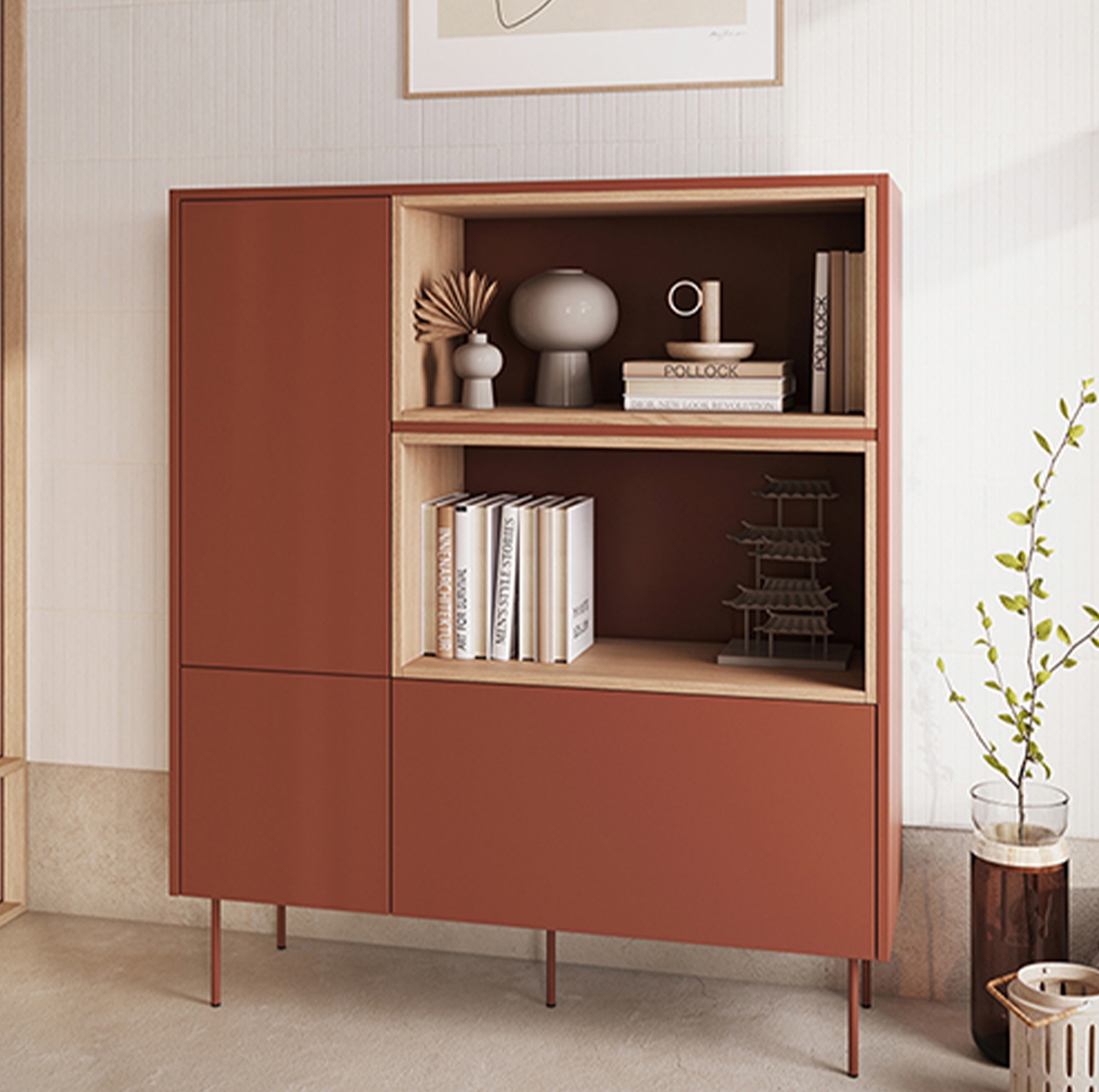 Komoda vysoká Desin 120 cm - ceramic red / dub nagano Komoda vysoká Desin 120 cm z wnekami, szuflada i metalowymi nogami - Červený / ceramic red / Dub nagano