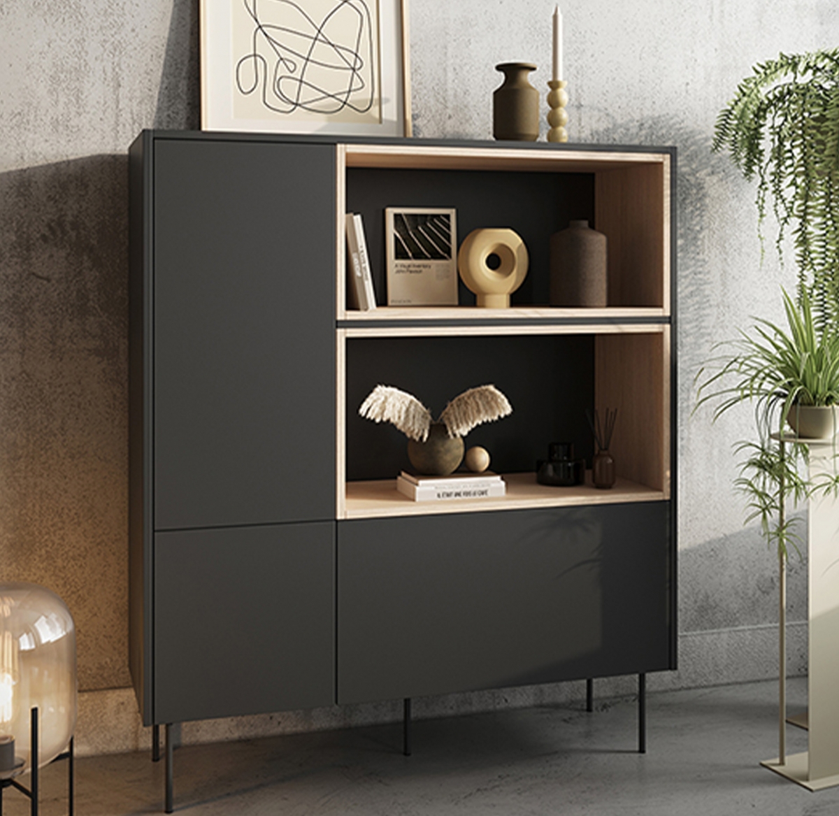 Vysoká komoda Desin 120 cm se zásuvkou - černý mat / dub nagano Komoda vysoká Desin 120 cm z wnekami i szuflada - černá mat / dub nagano