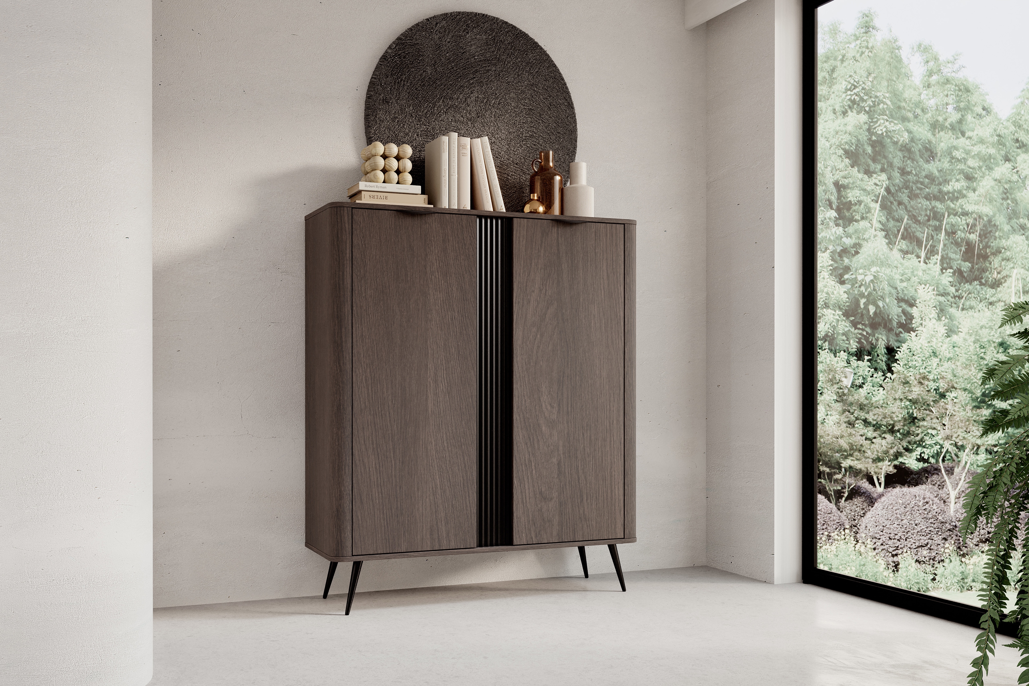 Vysoká komoda Edrin 113 cm - dub dunin / černá Komoda vysoká Edrin 113 cm - dub dunin / černá